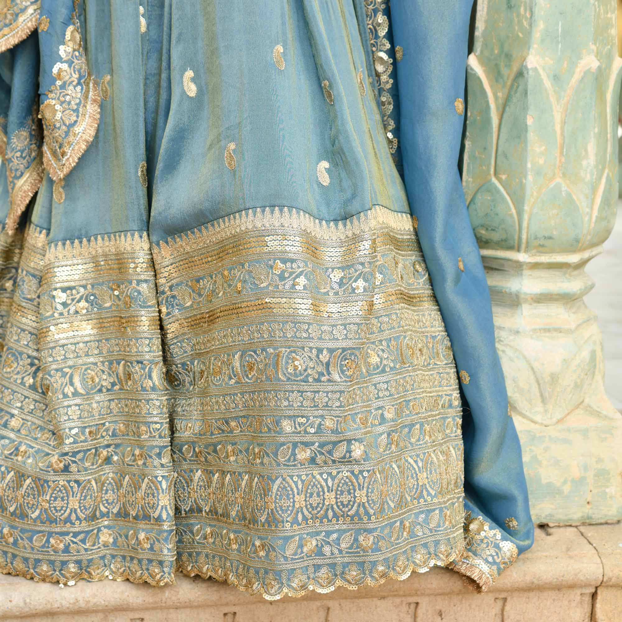 Sitara- Powder Blue Sequin Embroidered Pure Tissue Silk Lehenga Set
