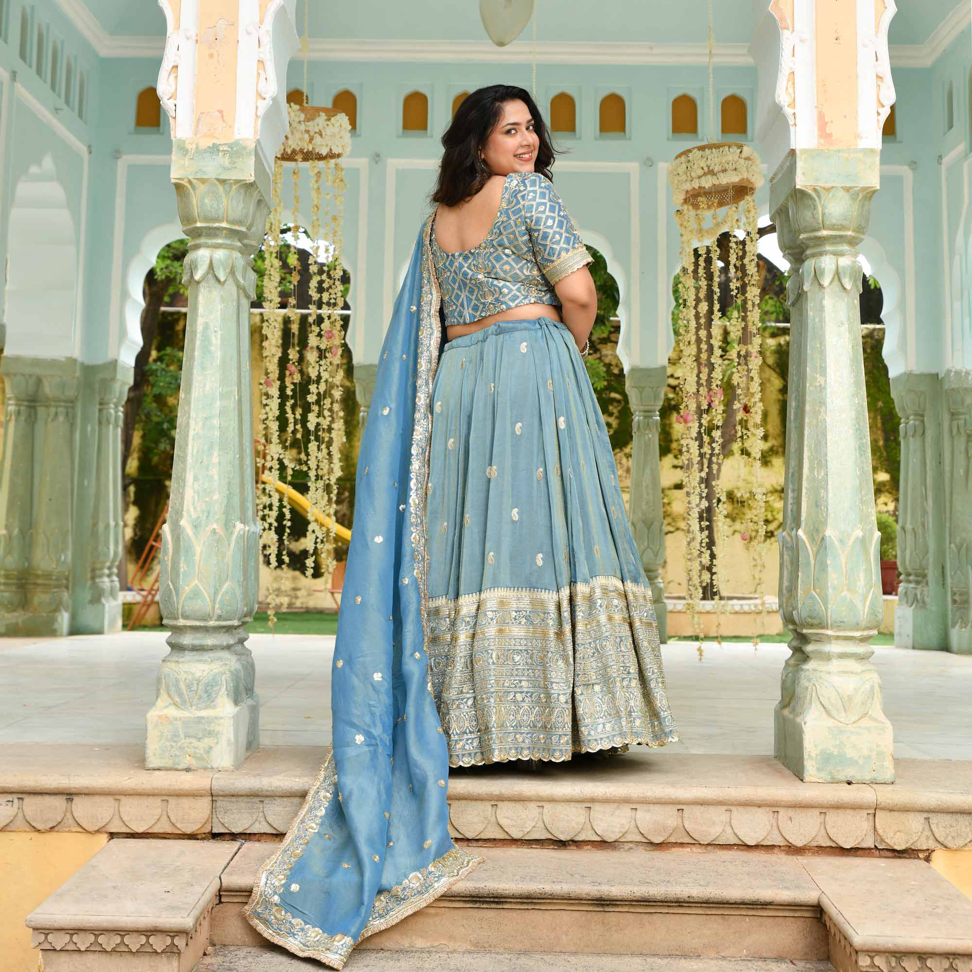 Sitara- Powder Blue Sequin Embroidered Pure Tissue Silk Lehenga Set