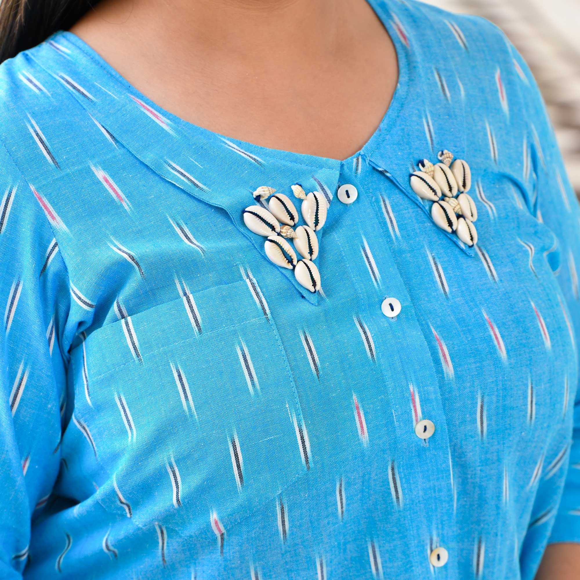 Aasmani Handwoven Ikkat Embroidered Shirt (Skyblue)