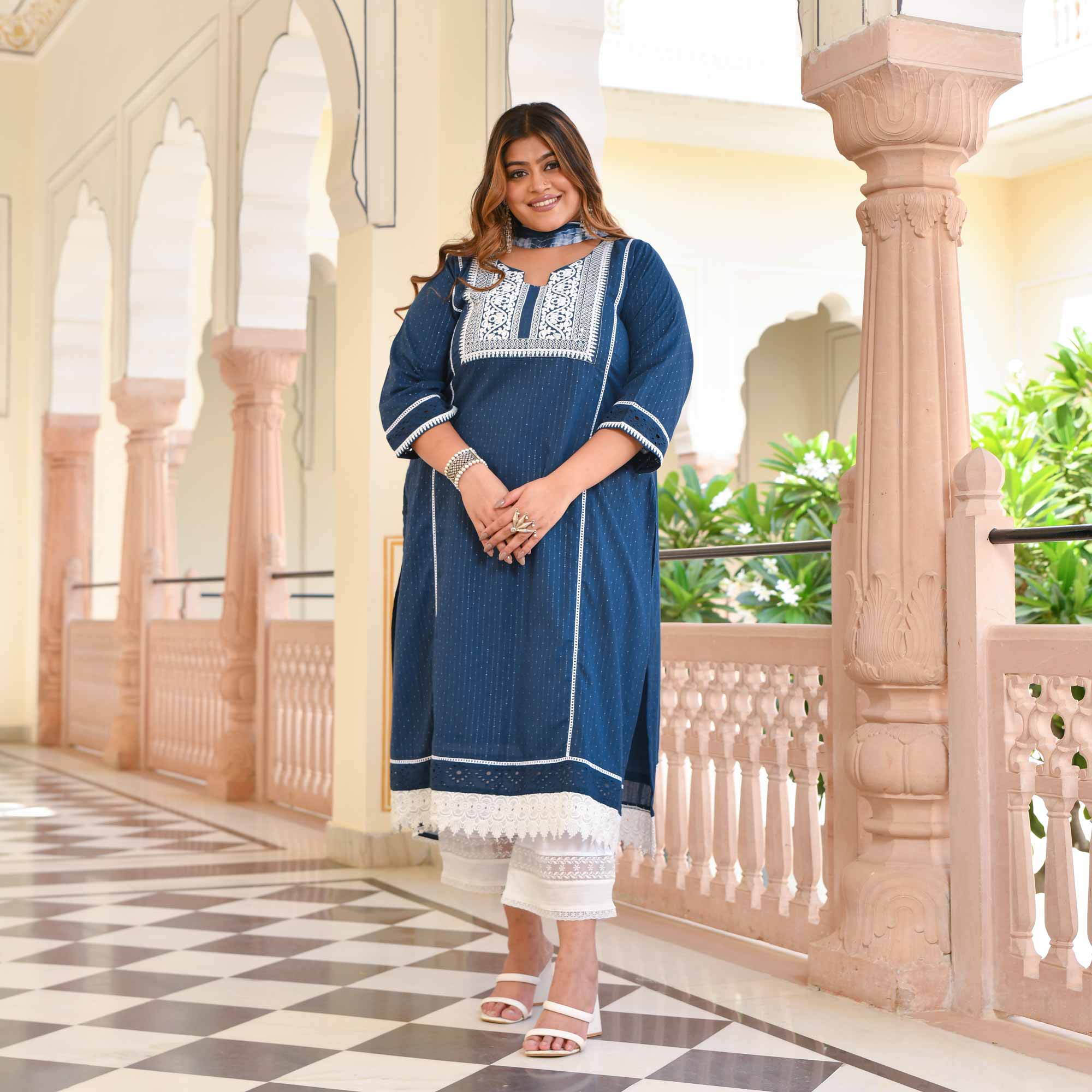 Deep Blue & White Embroidered Cotton Suit Set