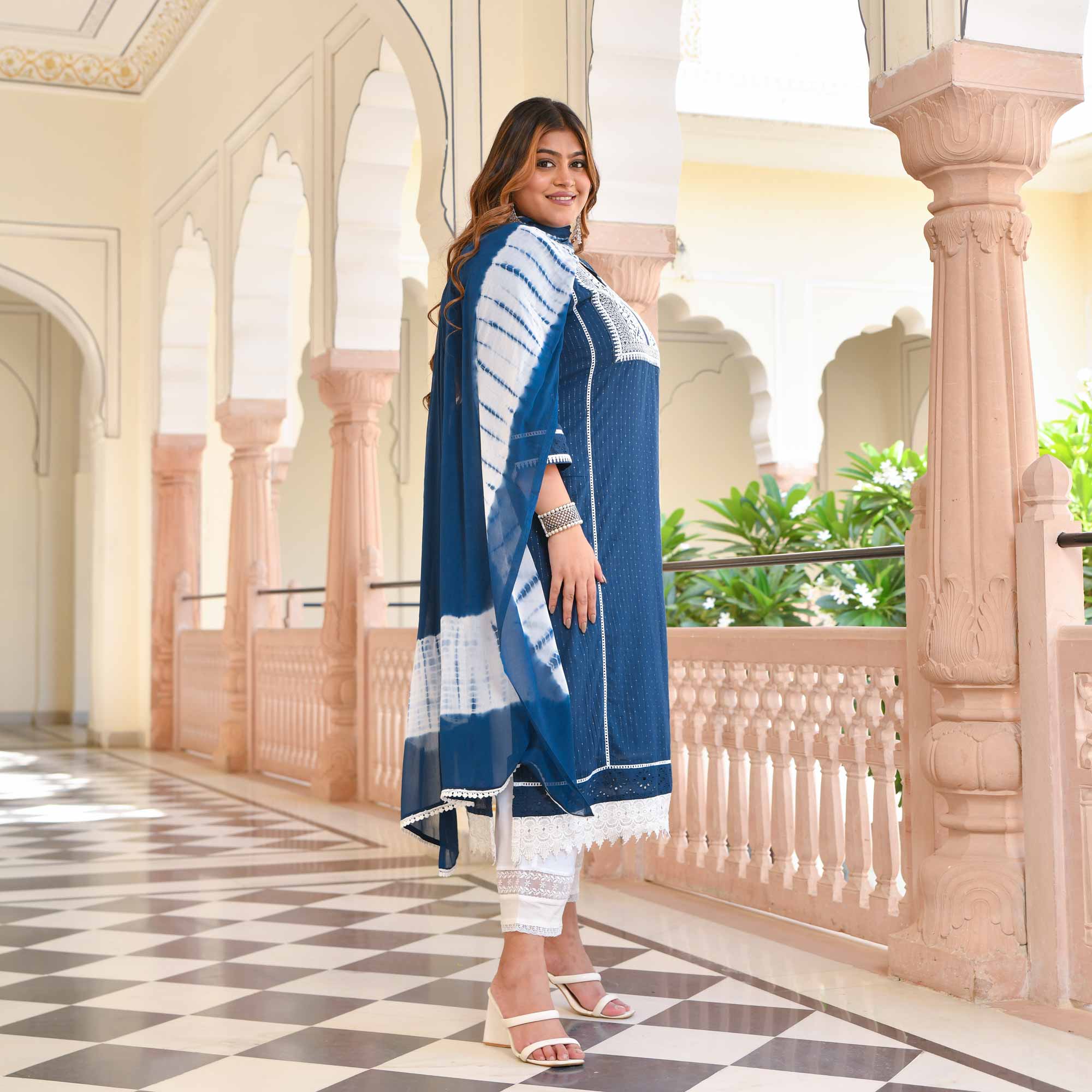 Deep Blue & White Embroidered Cotton Suit Set