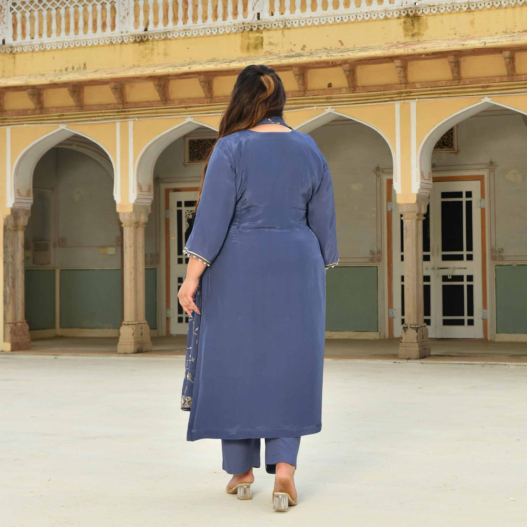 Nakashi- Steal Blue Pure Crepe Cutdana Embroidered Suit Set