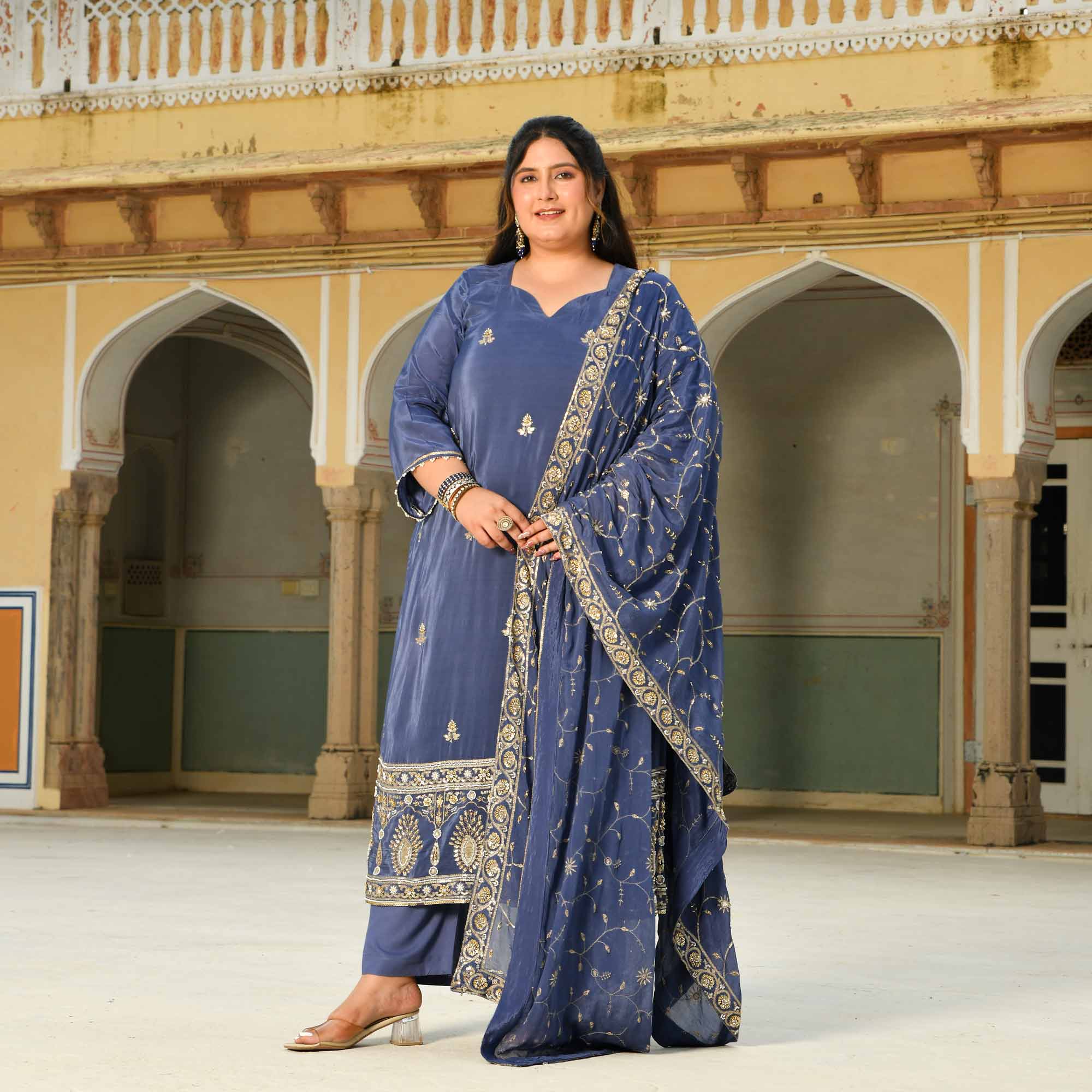 Nakashi- Steal Blue Pure Crepe Cutdana Embroidered Suit Set