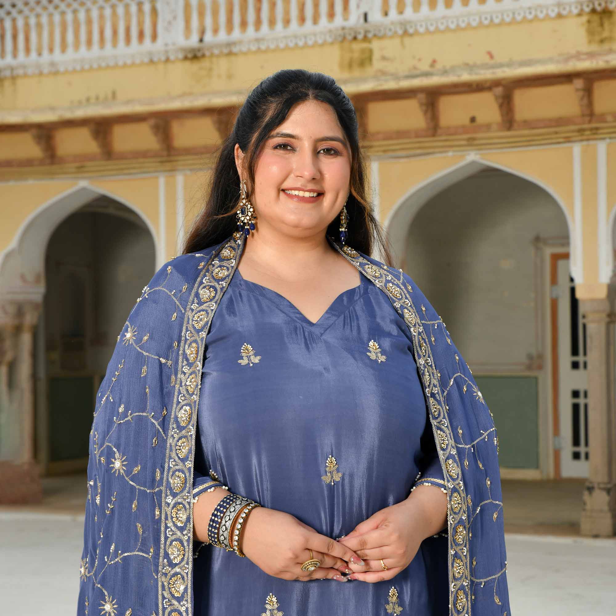 Nakashi- Steal Blue Pure Crepe Cutdana Embroidered Suit Set