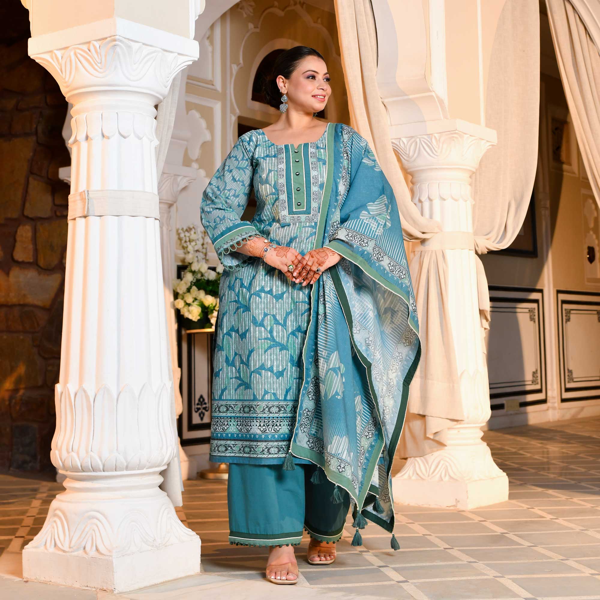 Marble Teal Floral Schiffli Embroidered Suit Set