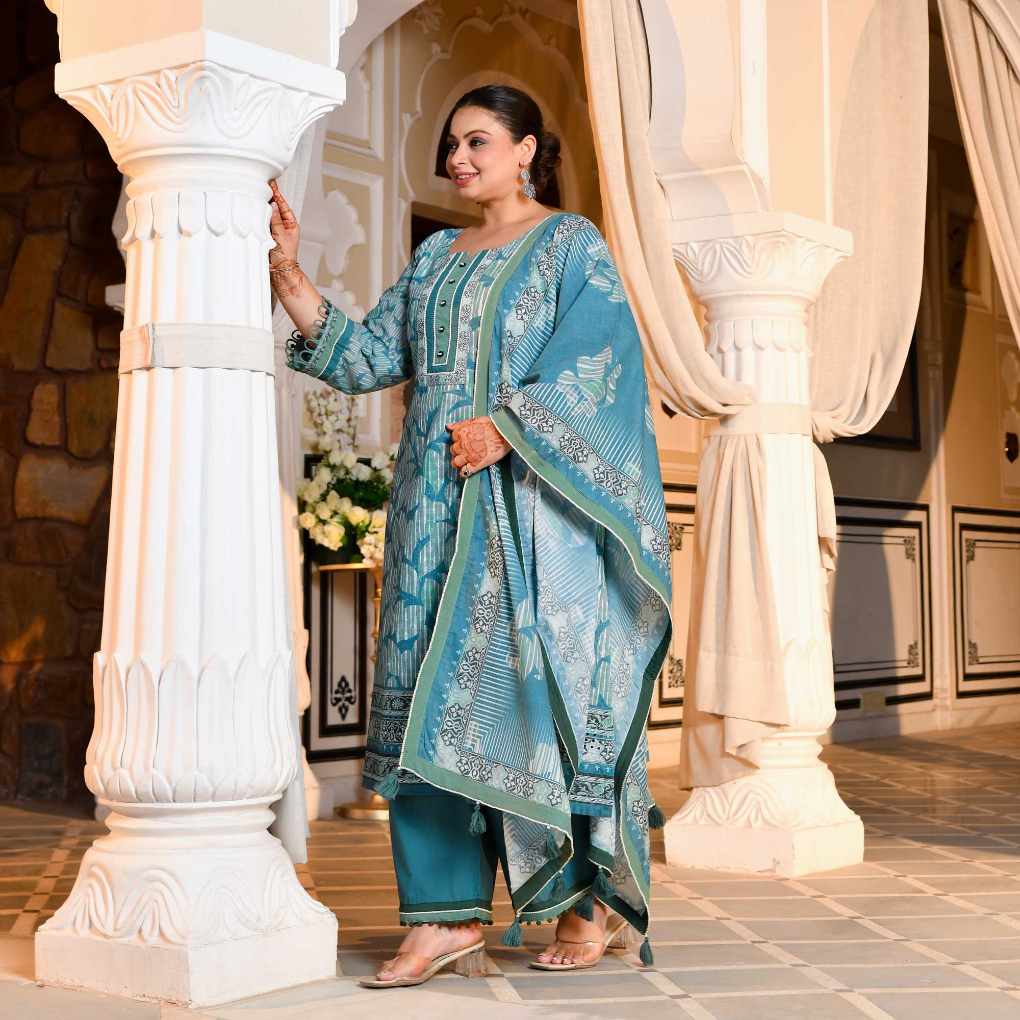 Marble Teal Floral Schiffli Embroidered Suit Set
