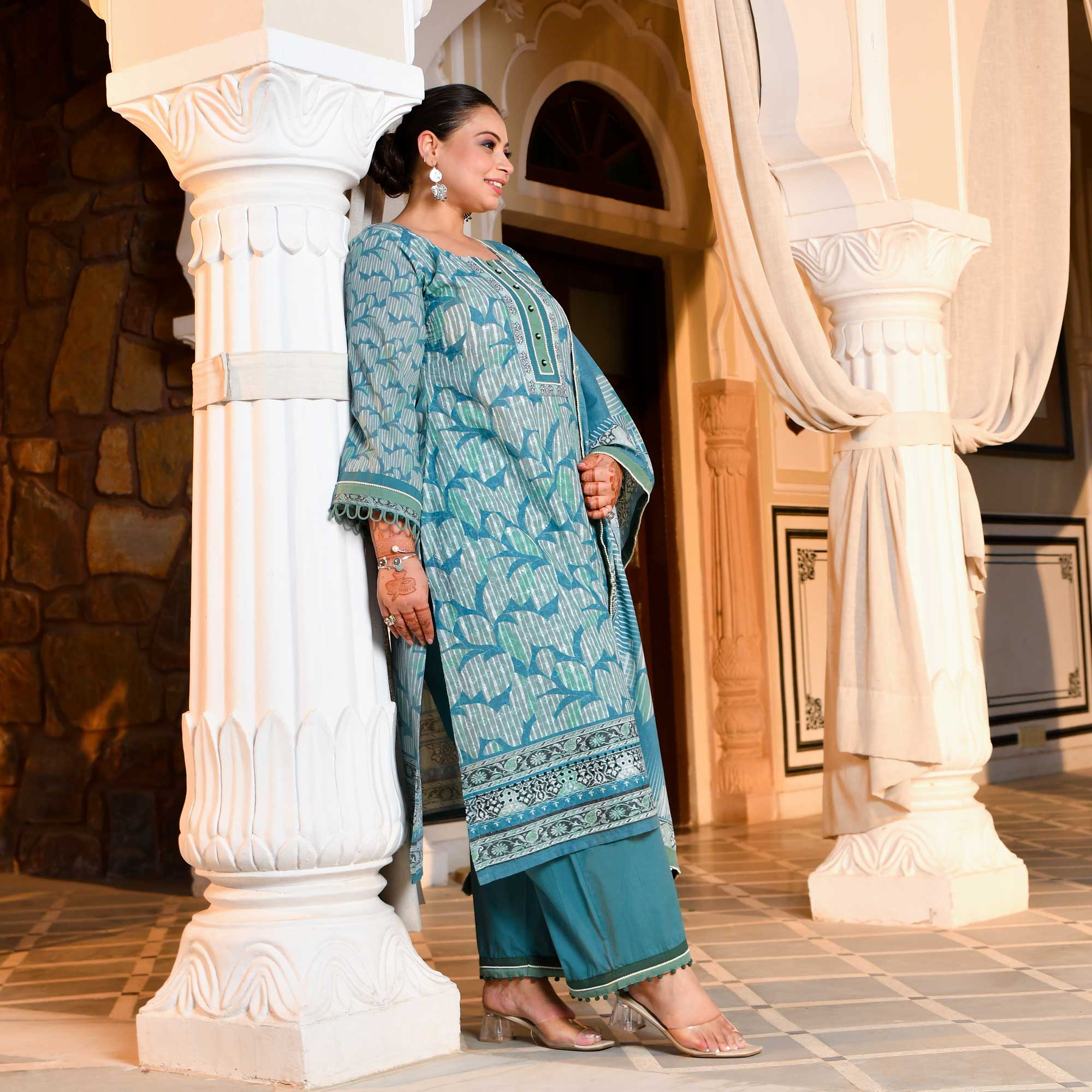 Marble Teal Floral Schiffli Embroidered Suit Set