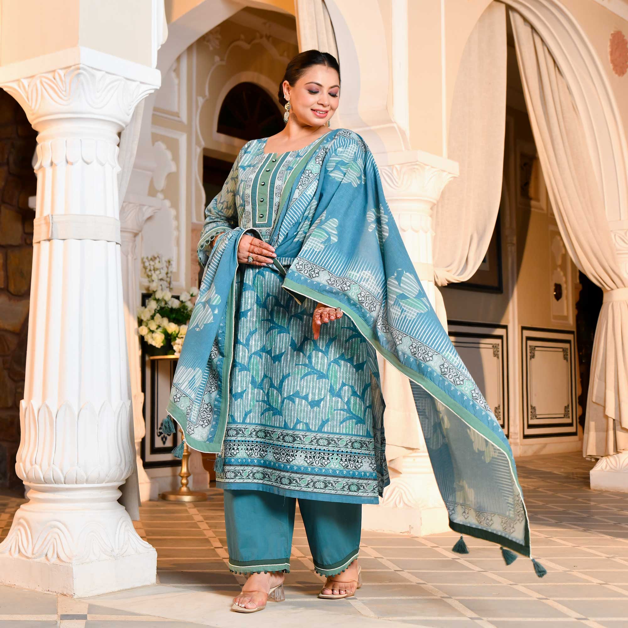 Marble Teal Floral Schiffli Embroidered Suit Set