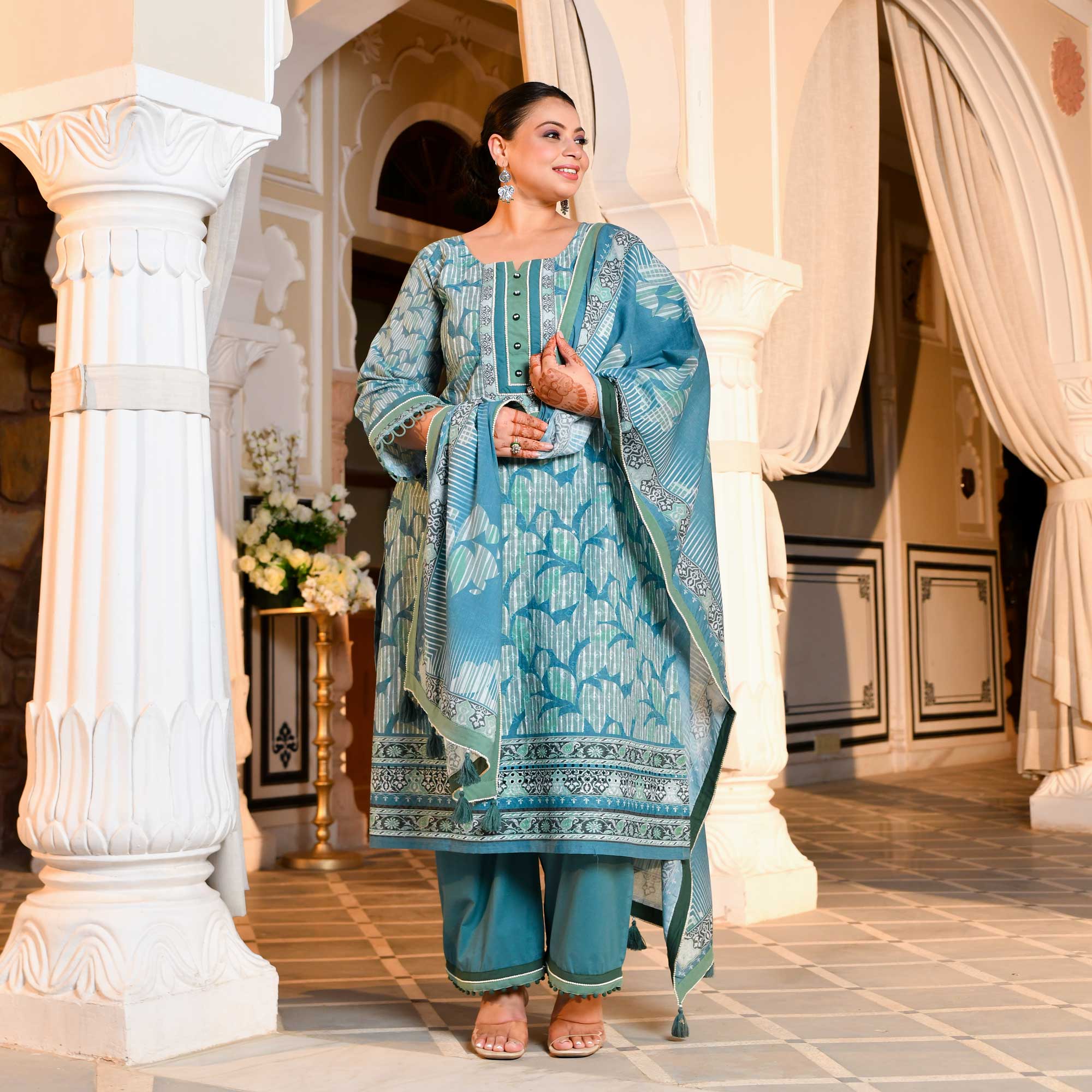 Marble Teal Floral Schiffli Embroidered Suit Set