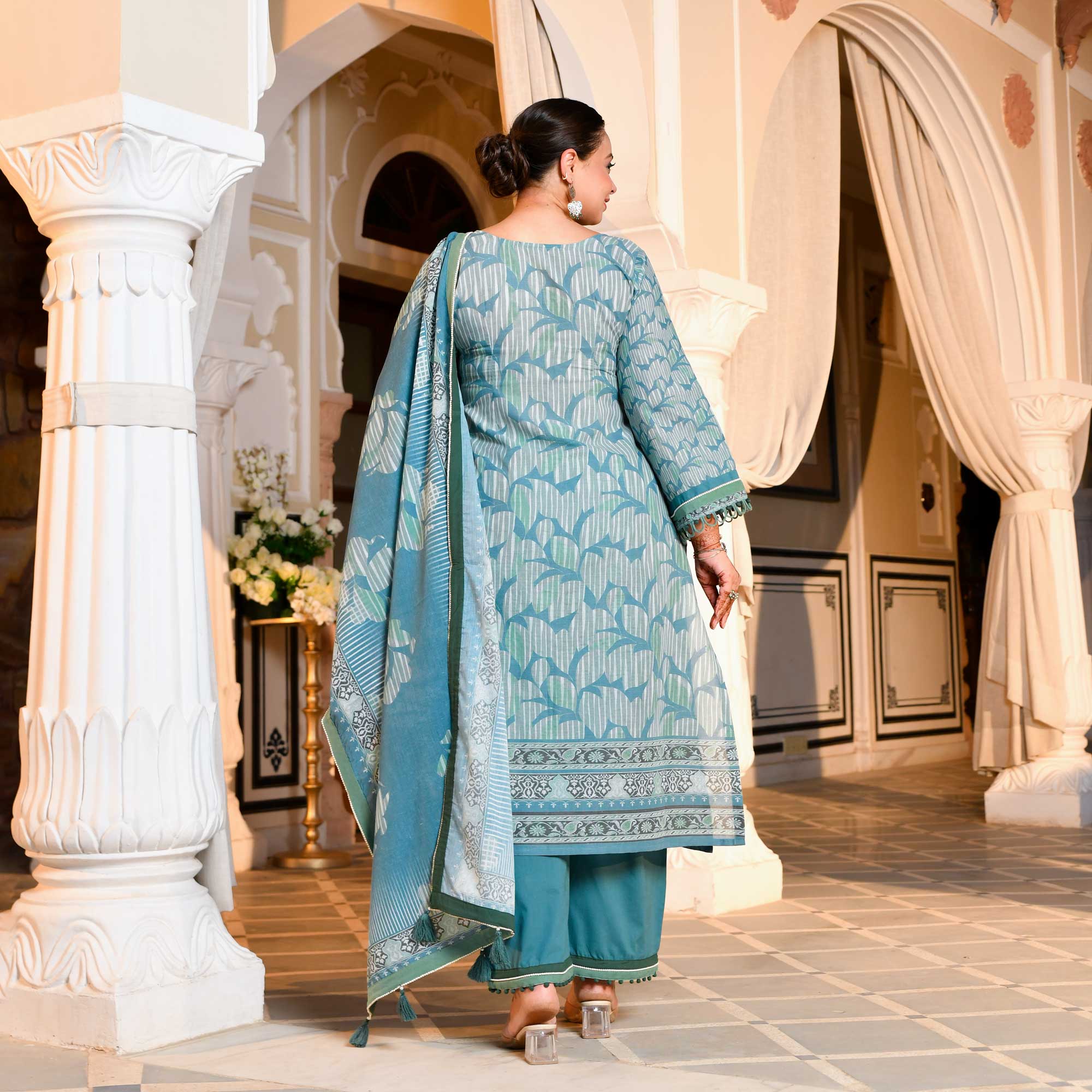Marble Teal Floral Schiffli Embroidered Suit Set