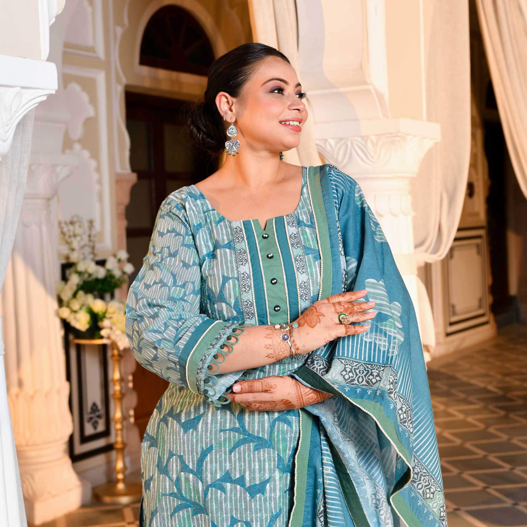 Marble Teal Floral Schiffli Embroidered Suit Set