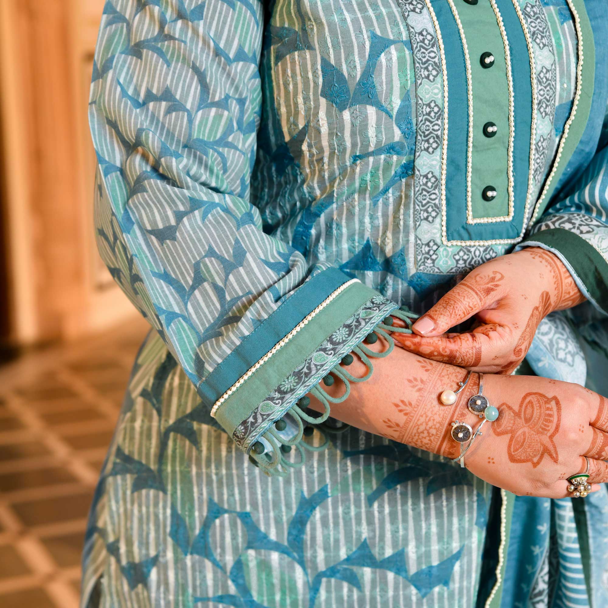 Marble Teal Floral Schiffli Embroidered Suit Set