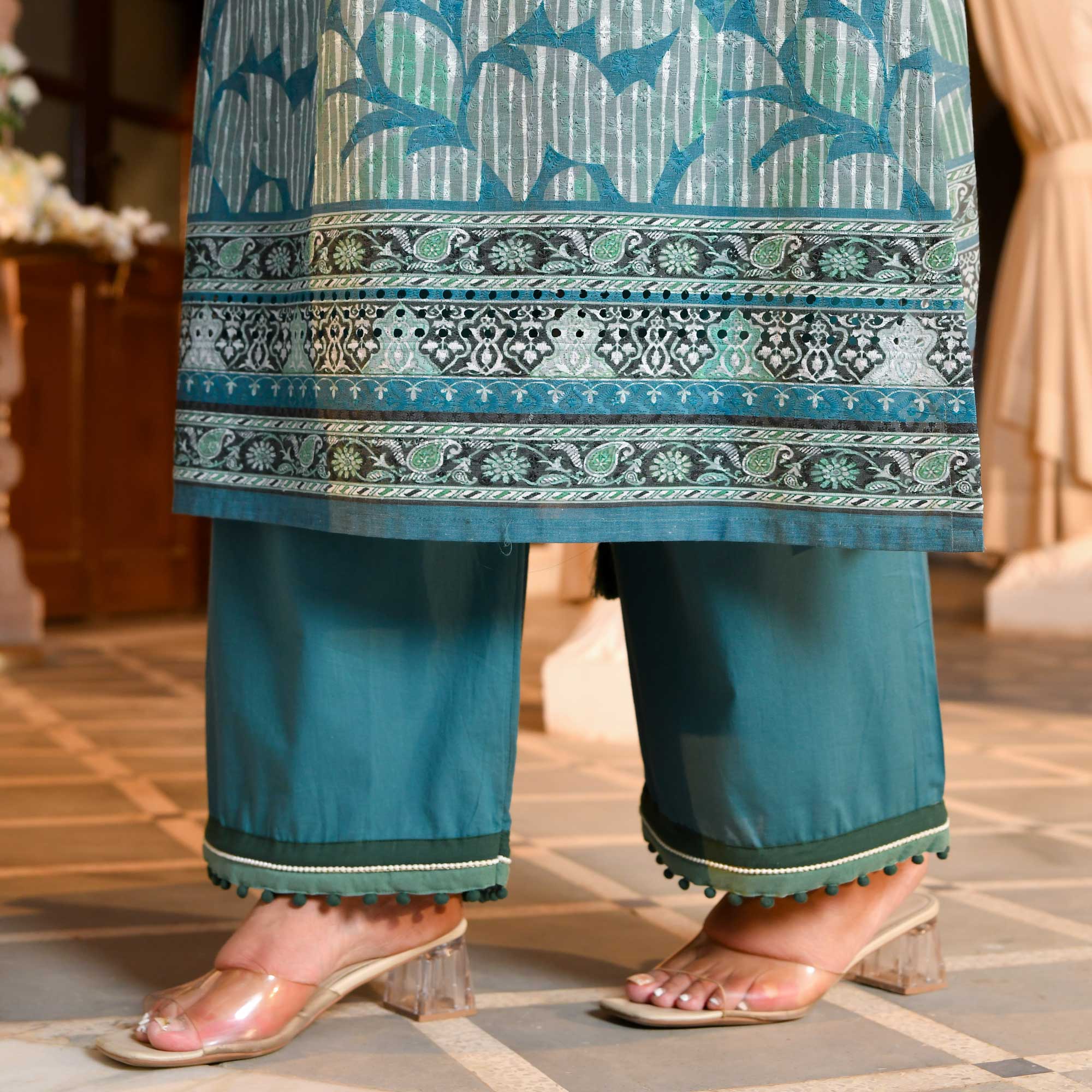 Marble Teal Floral Schiffli Embroidered Suit Set