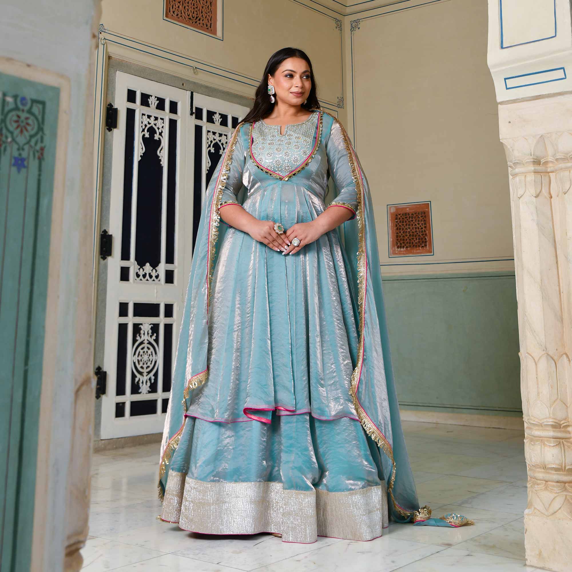 Aasman Ka Moti - Sky Blue Tissue Silk Embroidered Cape Set