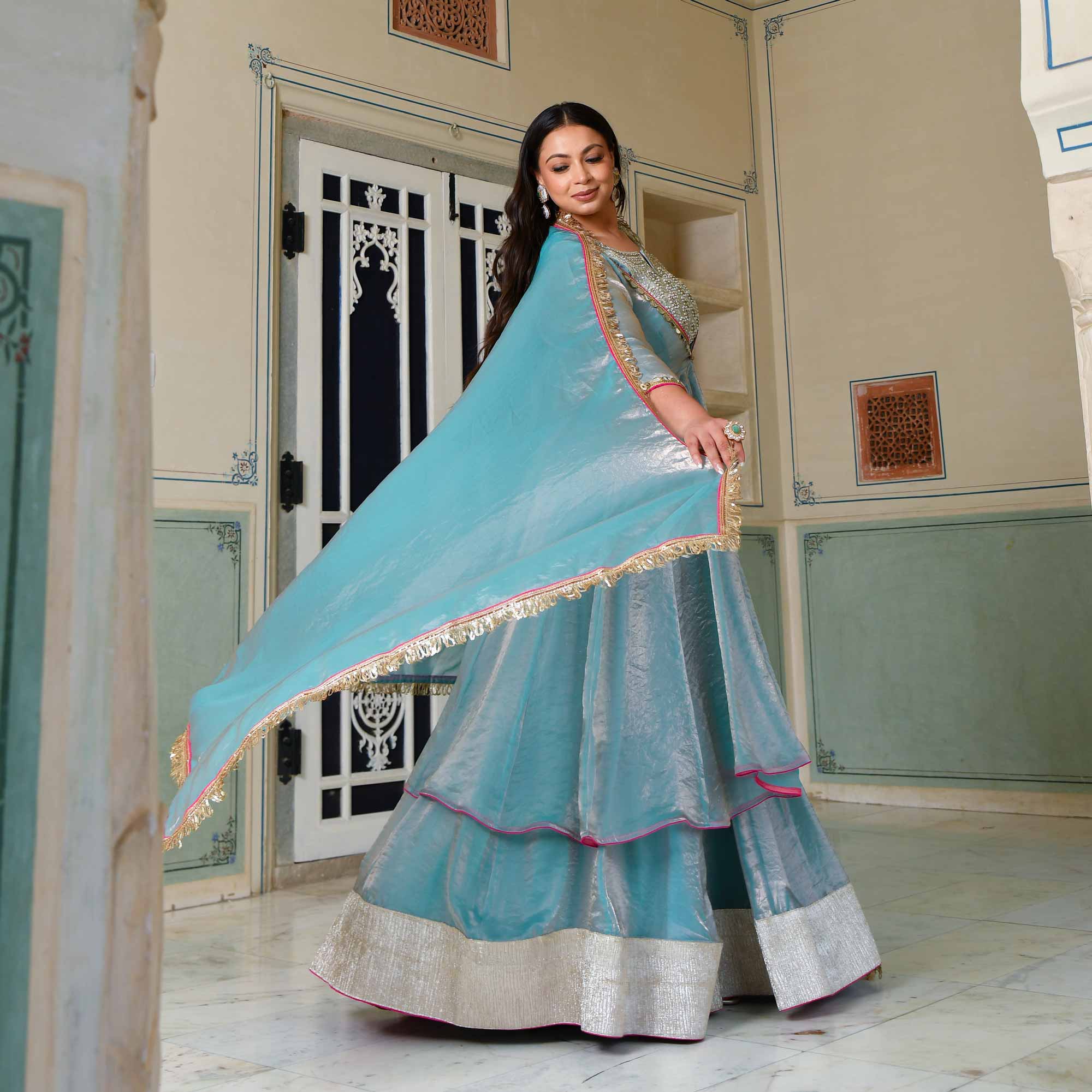Aasman Ka Moti - Sky Blue Tissue Silk Embroidered Cape Set