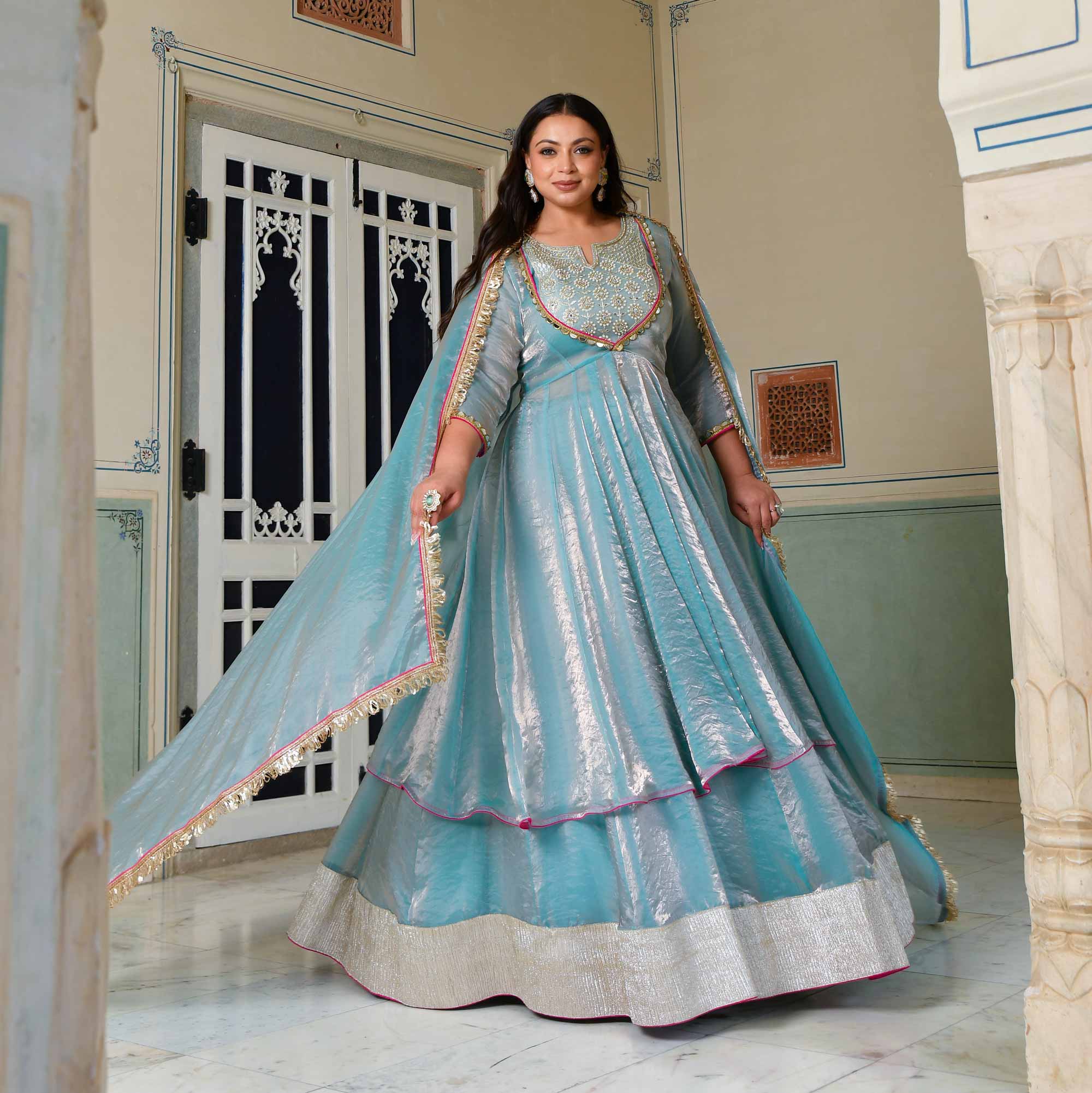 Aasman Ka Moti - Sky Blue Tissue Silk Embroidered Cape Set