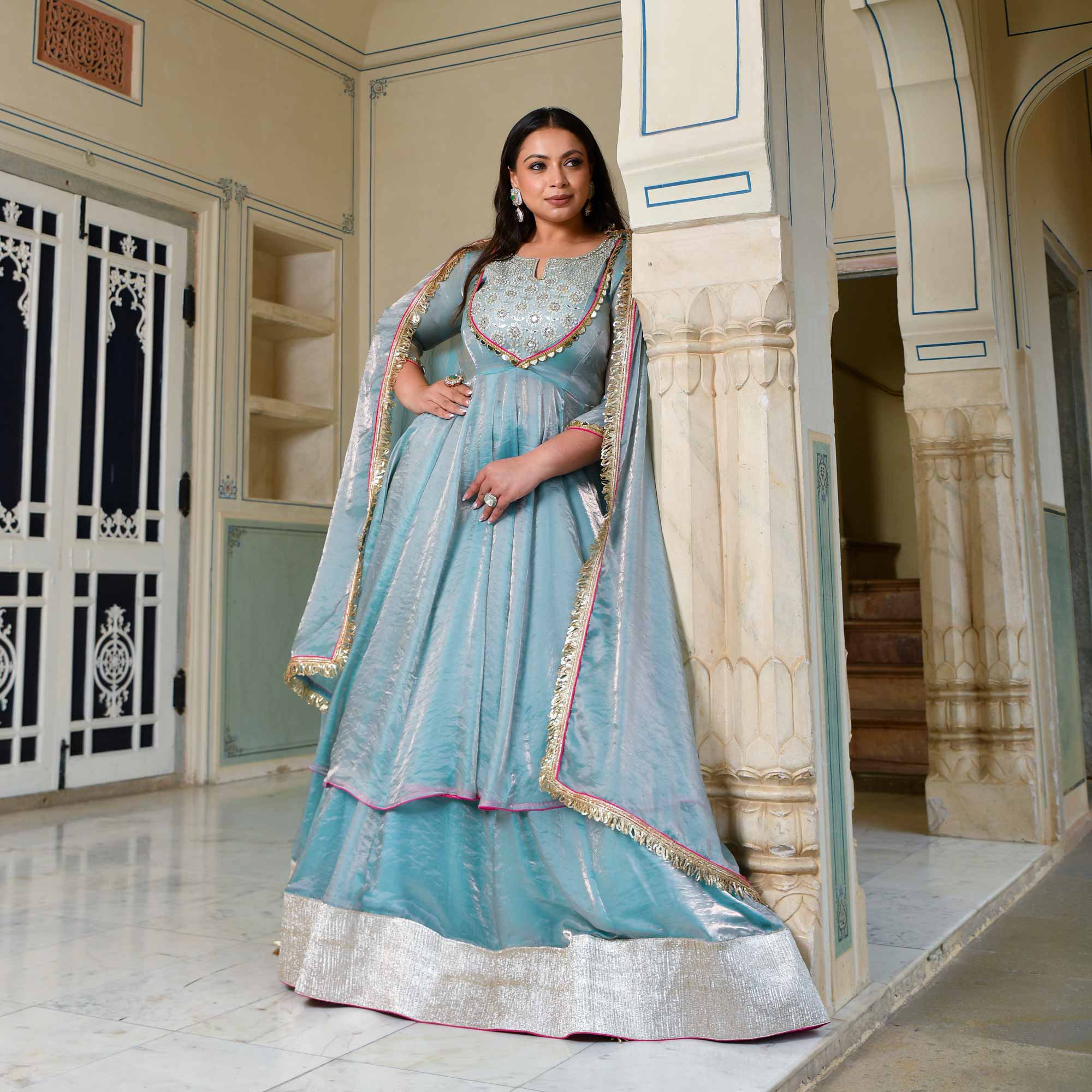 Aasman Ka Moti - Sky Blue Tissue Silk Embroidered Cape Set