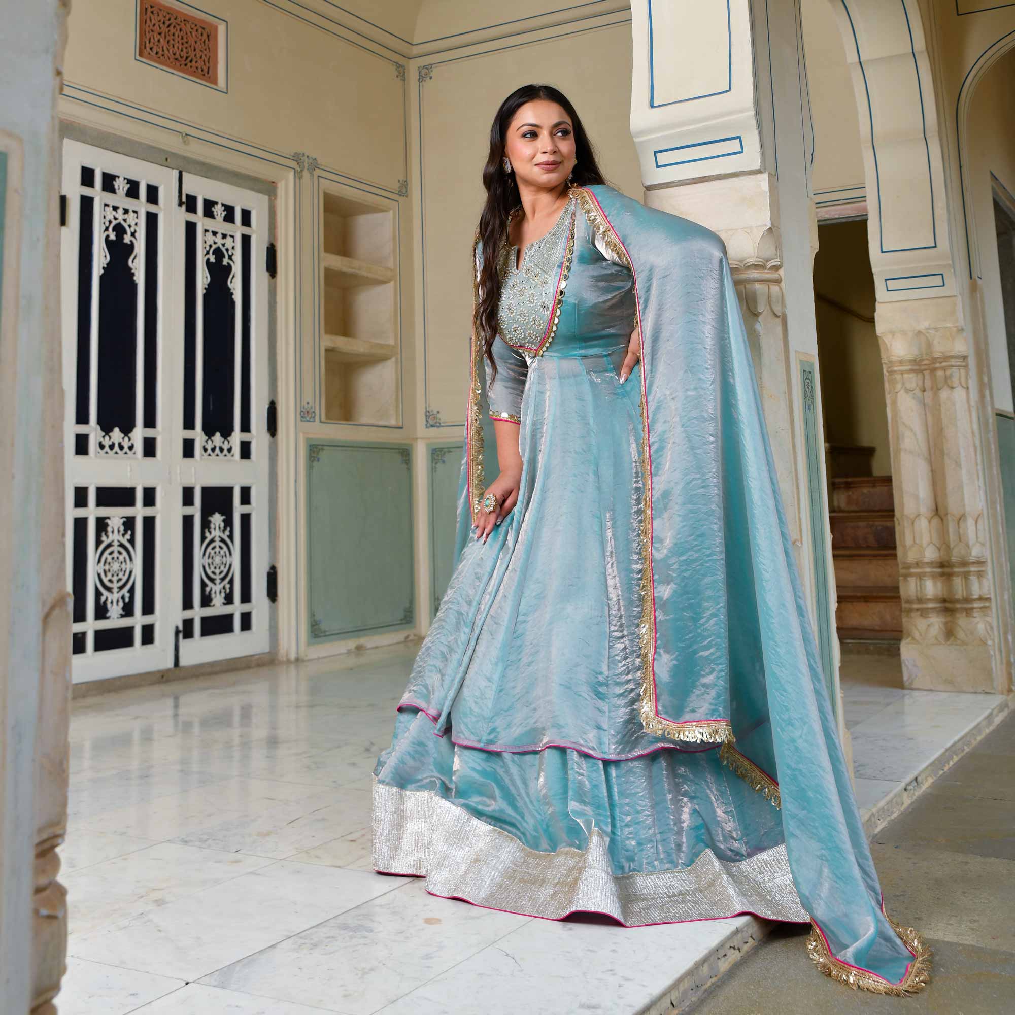 Aasman Ka Moti - Sky Blue Tissue Silk Embroidered Cape Set