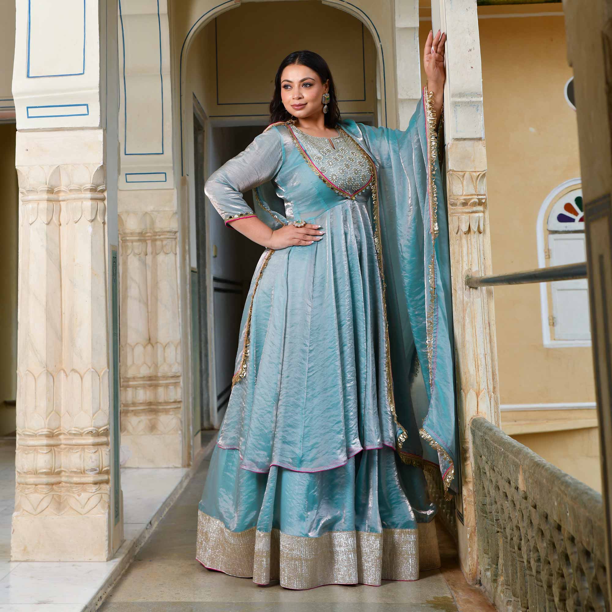 Aasman Ka Moti - Sky Blue Tissue Silk Embroidered Cape Set