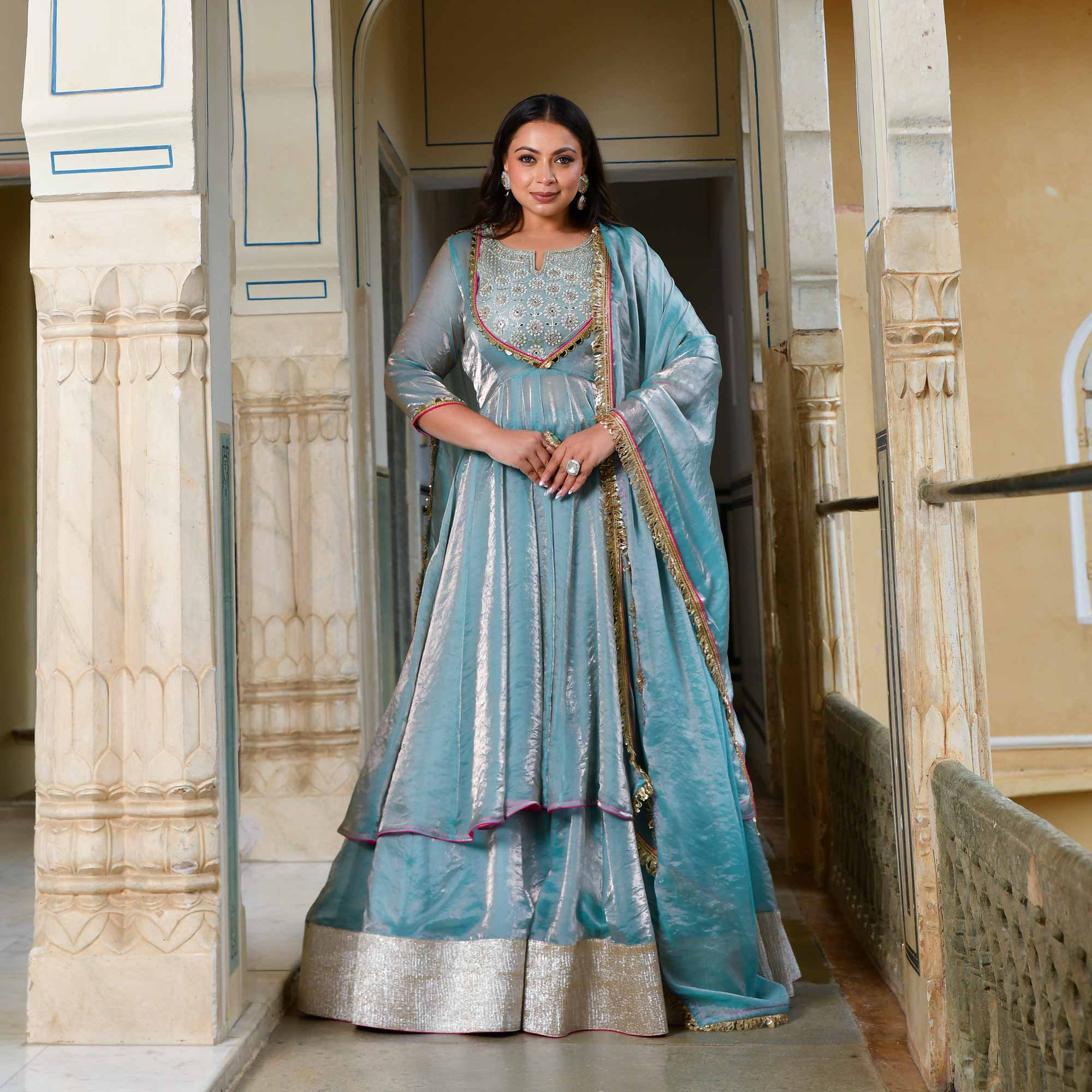 Aasman Ka Moti - Sky Blue Tissue Silk Embroidered Cape Set