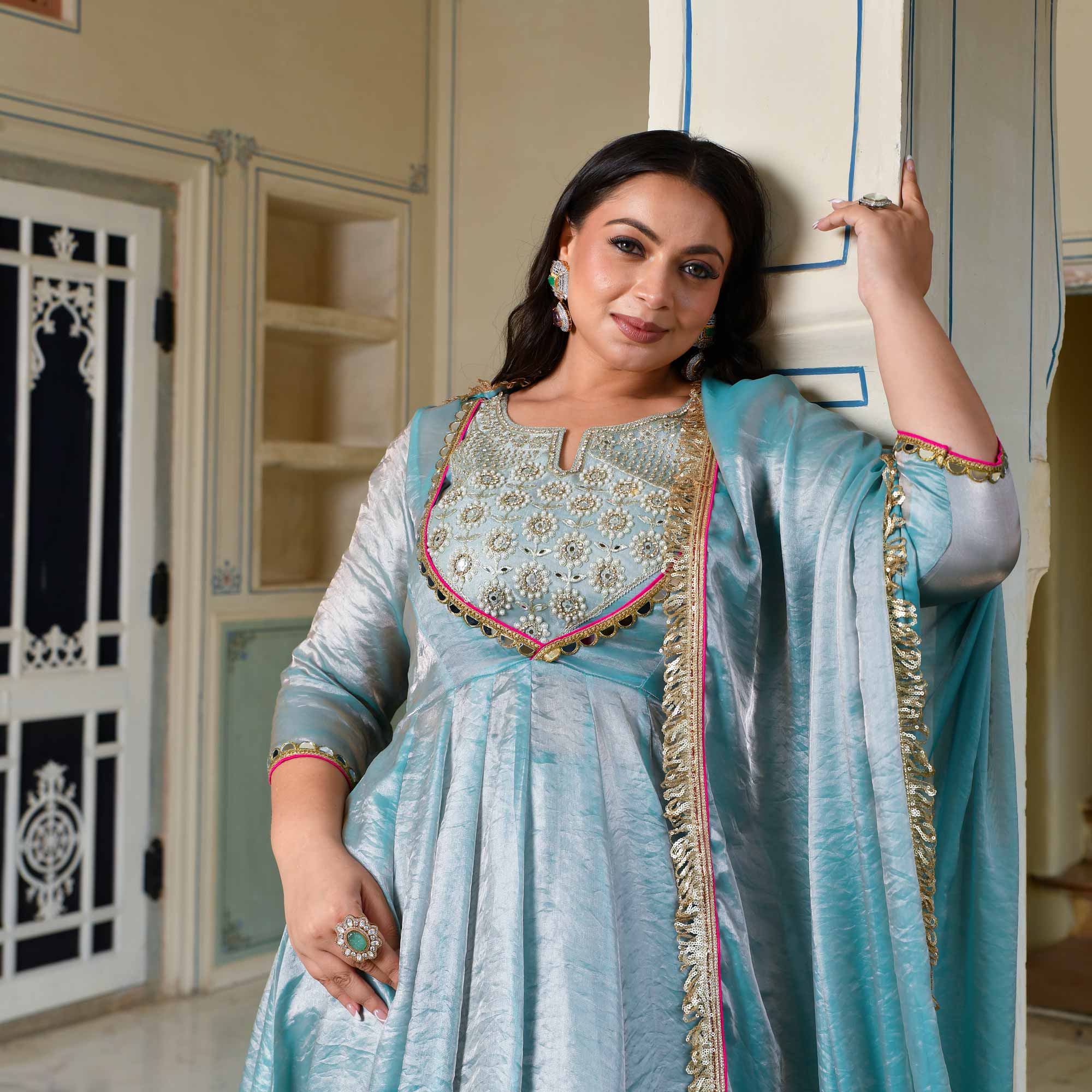 Aasman Ka Moti - Sky Blue Tissue Silk Embroidered Cape Set