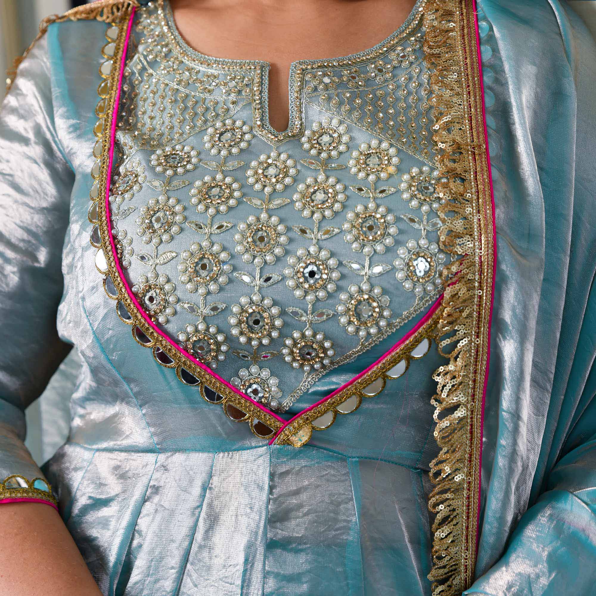 Aasman Ka Moti - Sky Blue Tissue Silk Embroidered Cape Set
