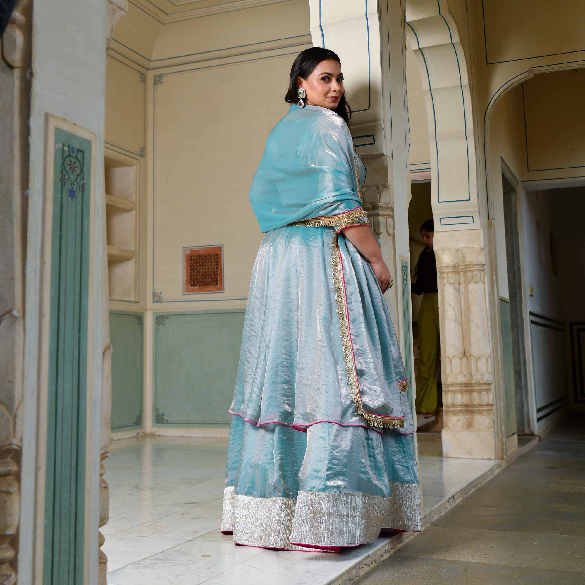 Aasman Ka Moti - Sky Blue Tissue Silk Embroidered Cape Set