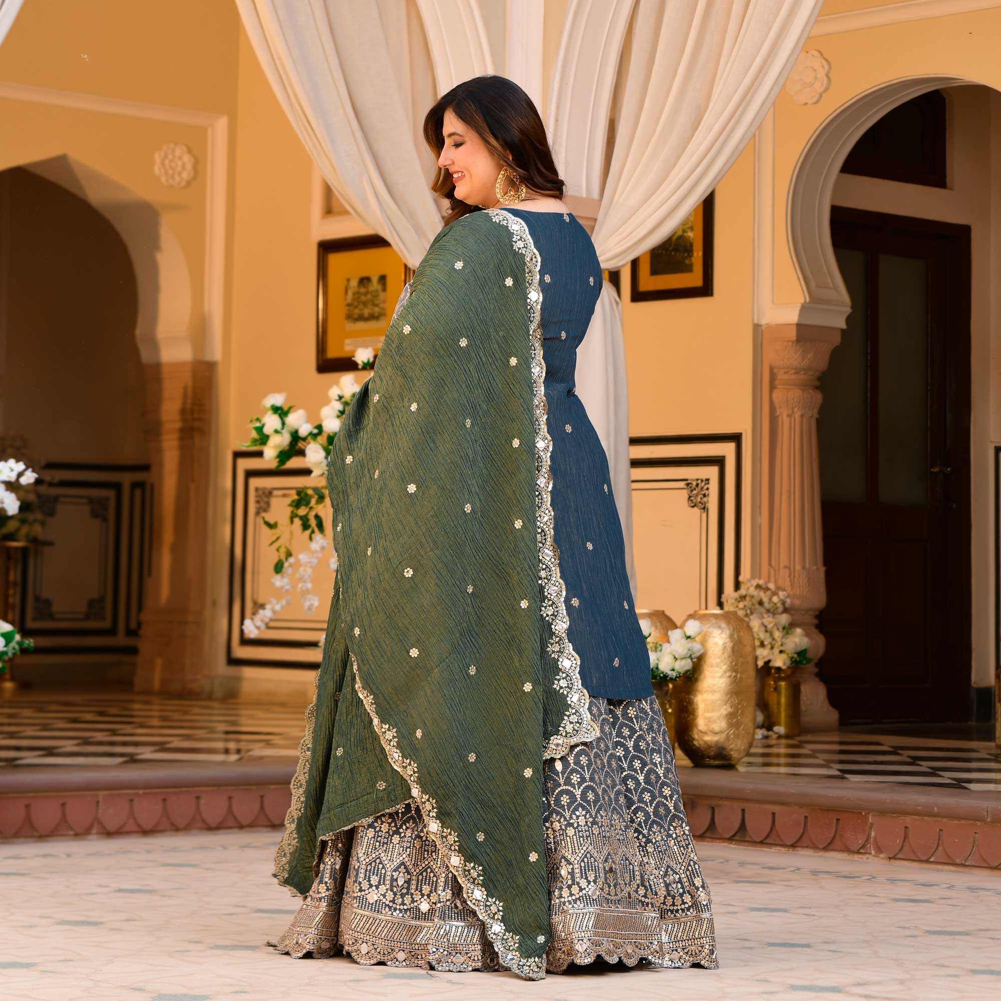 Leela- Slate Grey & Limed Ash Crushed Sequin Embroidered Pure Tissue Silk Skirt Set