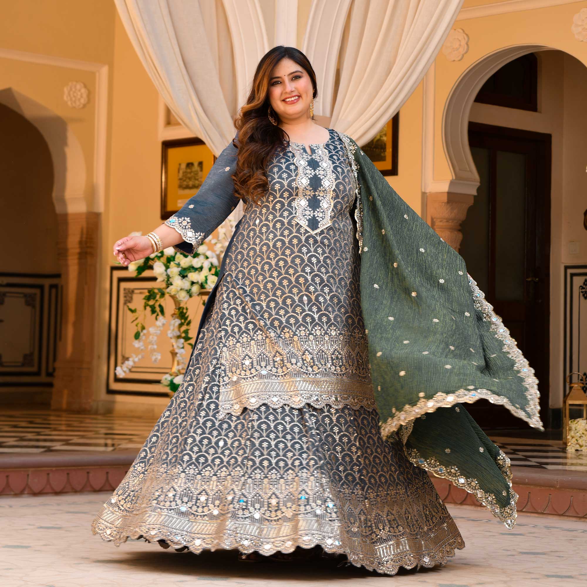 Leela- Slate Grey & Limed Ash Crushed Sequin Embroidered Pure Tissue Silk Skirt Set