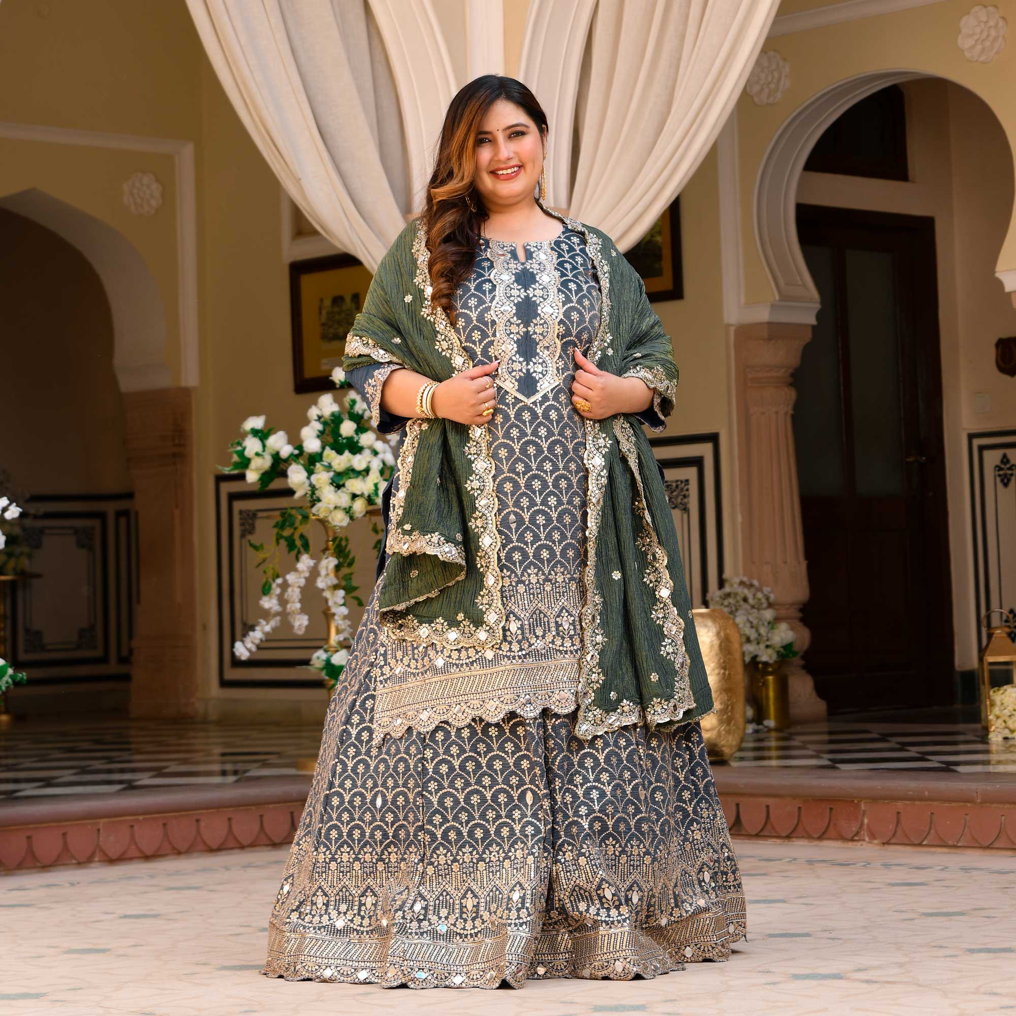 Leela- Slate Grey & Limed Ash Crushed Sequin Embroidered Pure Tissue Silk Skirt Set