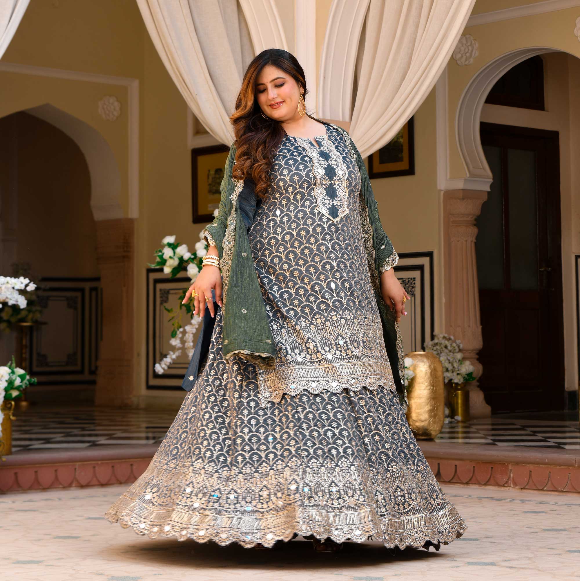 Leela- Slate Grey & Limed Ash Crushed Sequin Embroidered Pure Tissue Silk Skirt Set