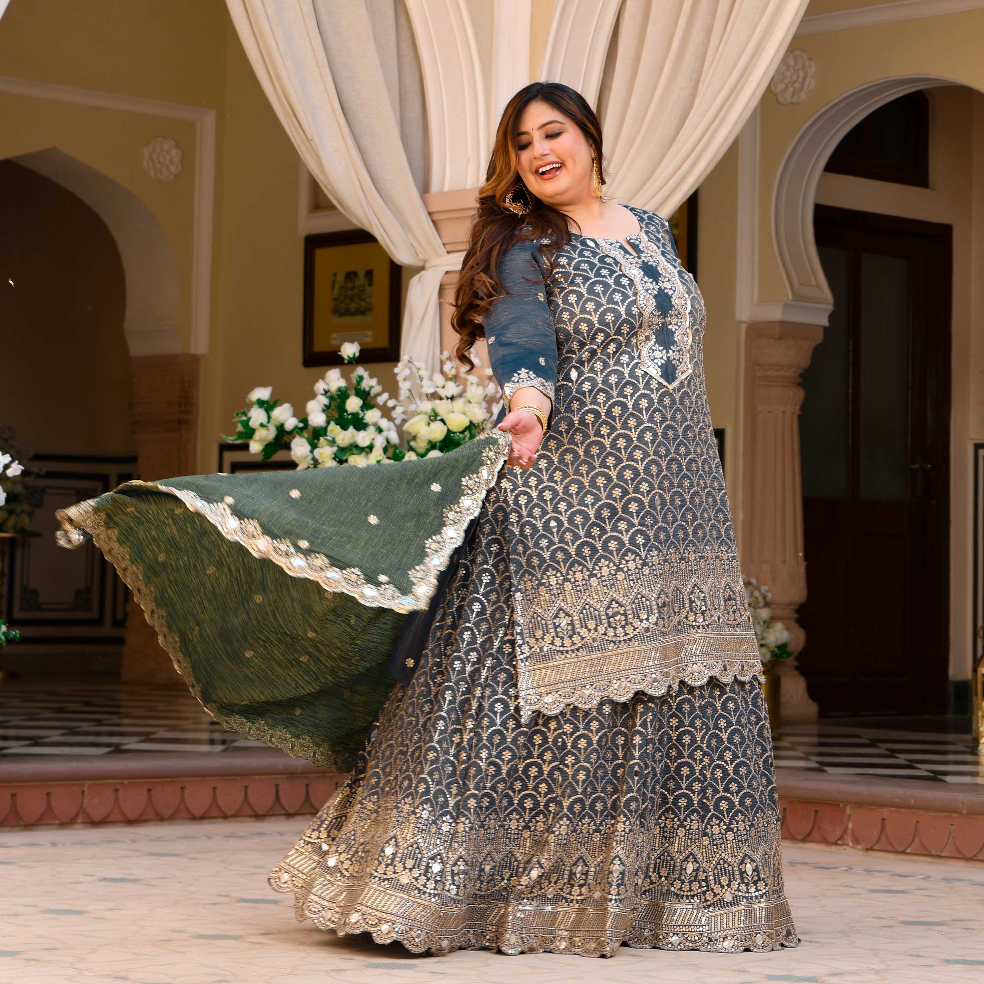 Leela- Slate Grey & Limed Ash Crushed Sequin Embroidered Pure Tissue Silk Skirt Set