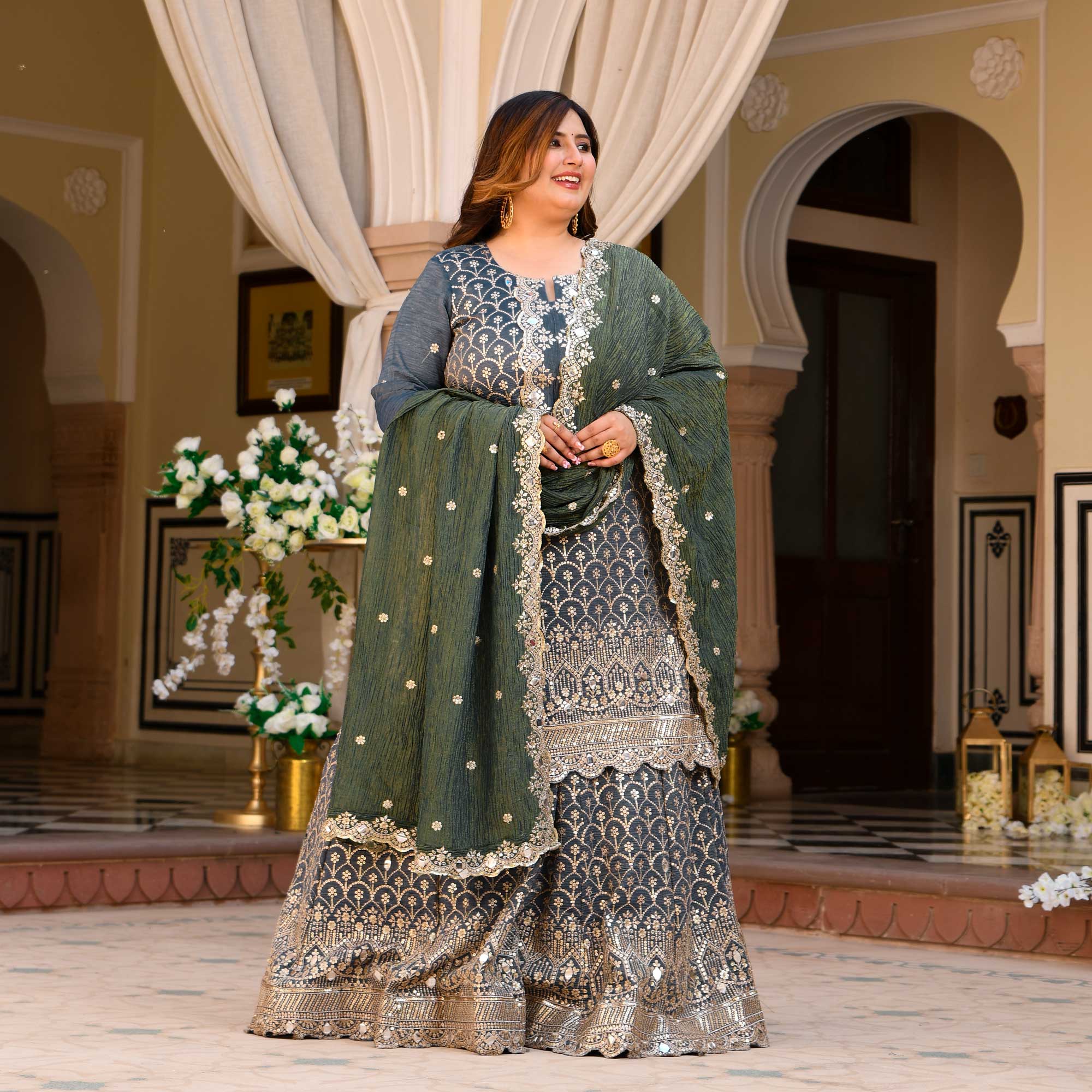 Leela- Slate Grey & Limed Ash Crushed Sequin Embroidered Pure Tissue Silk Skirt Set