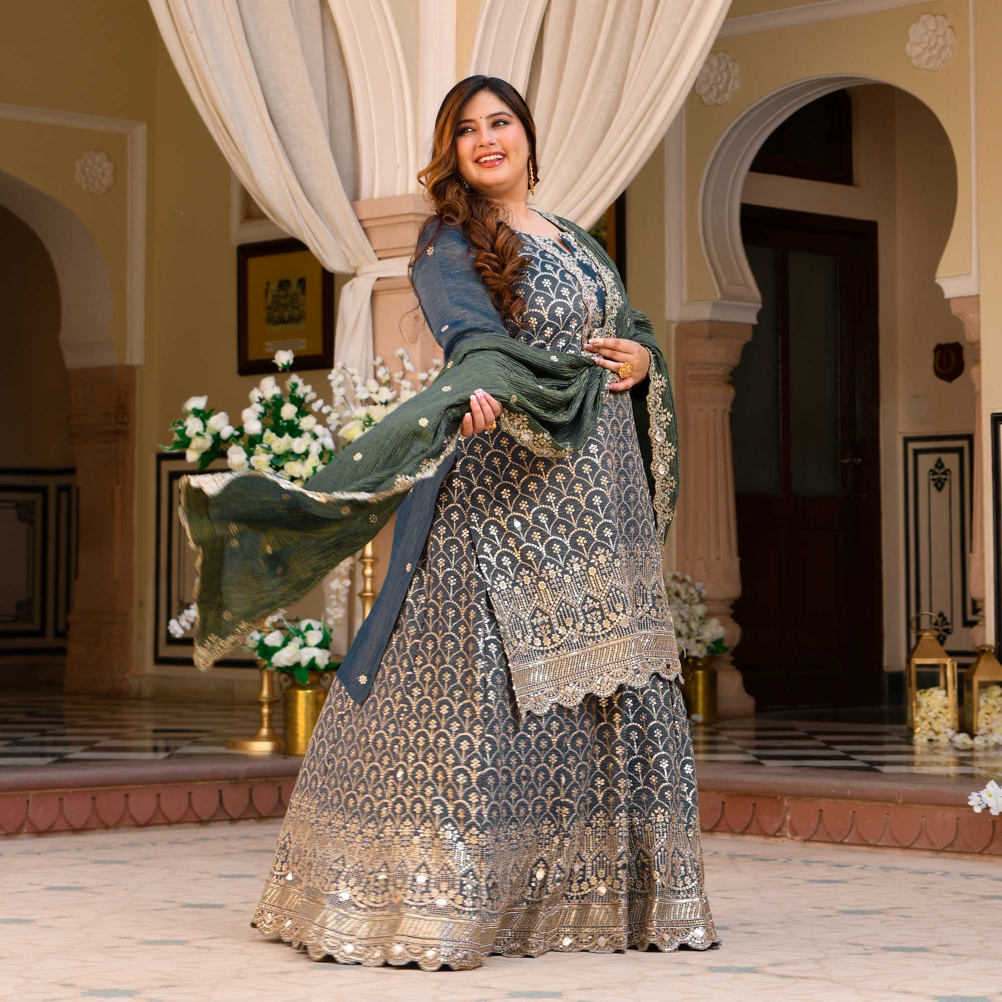 Leela- Slate Grey & Limed Ash Crushed Sequin Embroidered Pure Tissue Silk Skirt Set