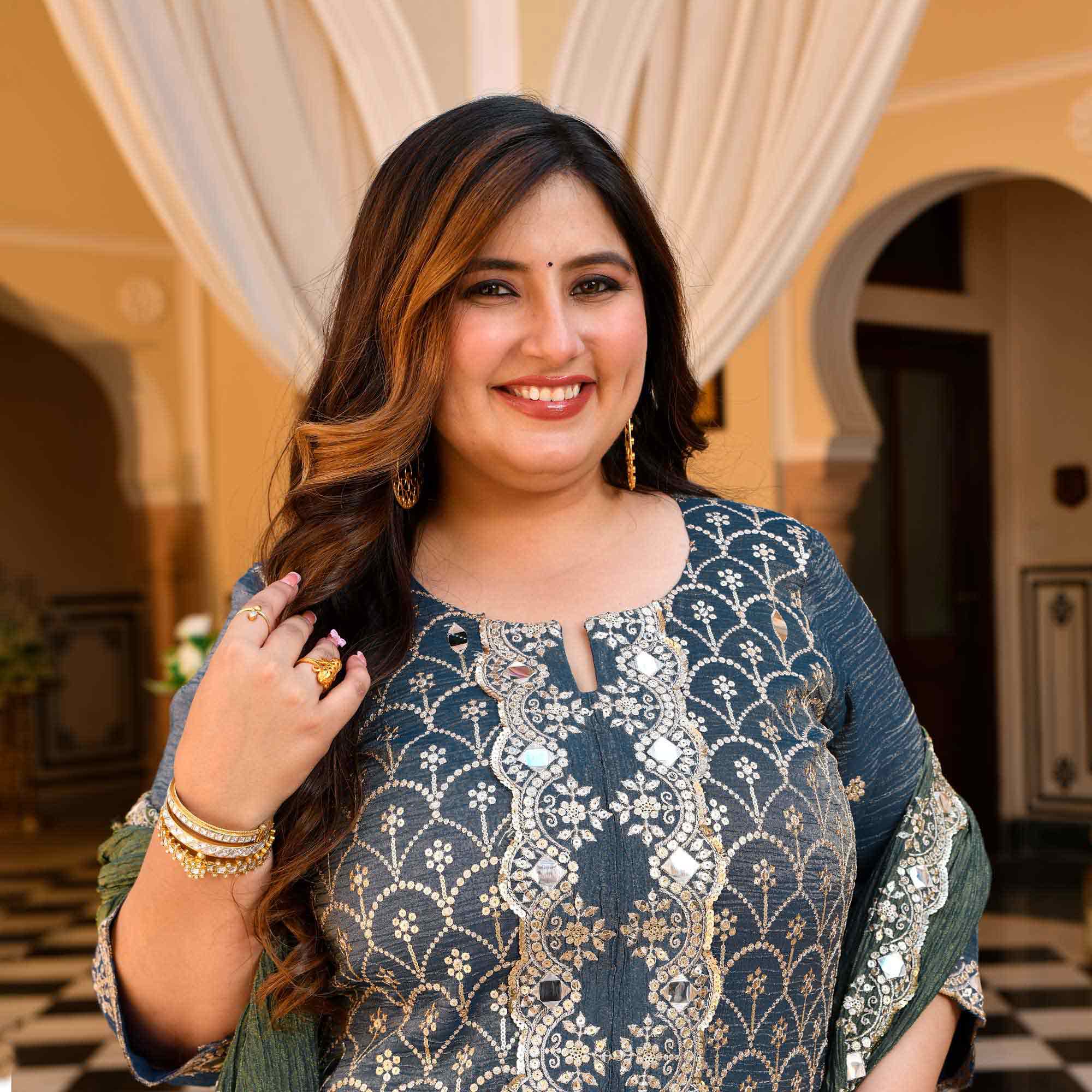 Leela- Slate Grey & Limed Ash Crushed Sequin Embroidered Pure Tissue Silk Skirt Set