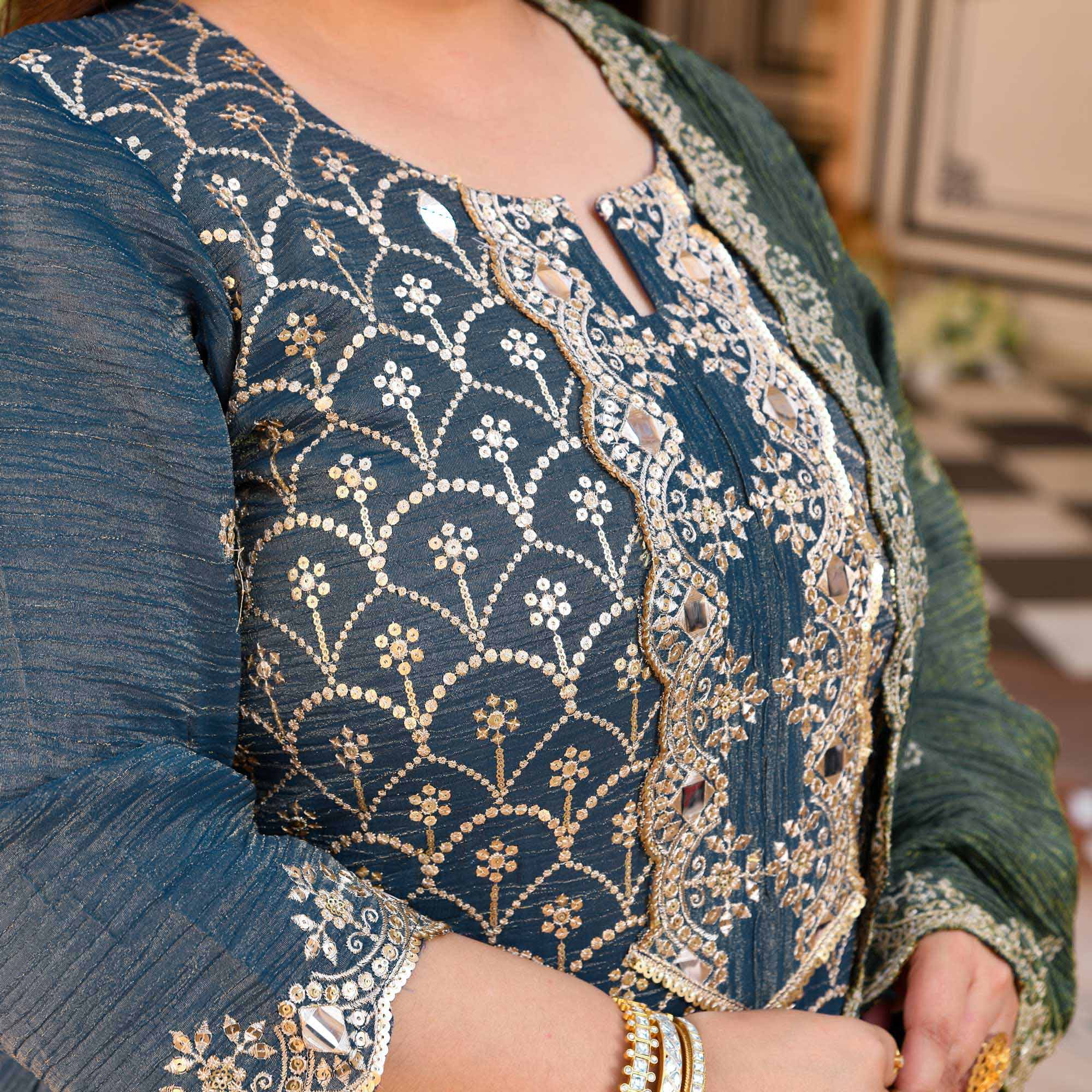 Leela- Slate Grey & Limed Ash Crushed Sequin Embroidered Pure Tissue Silk Skirt Set