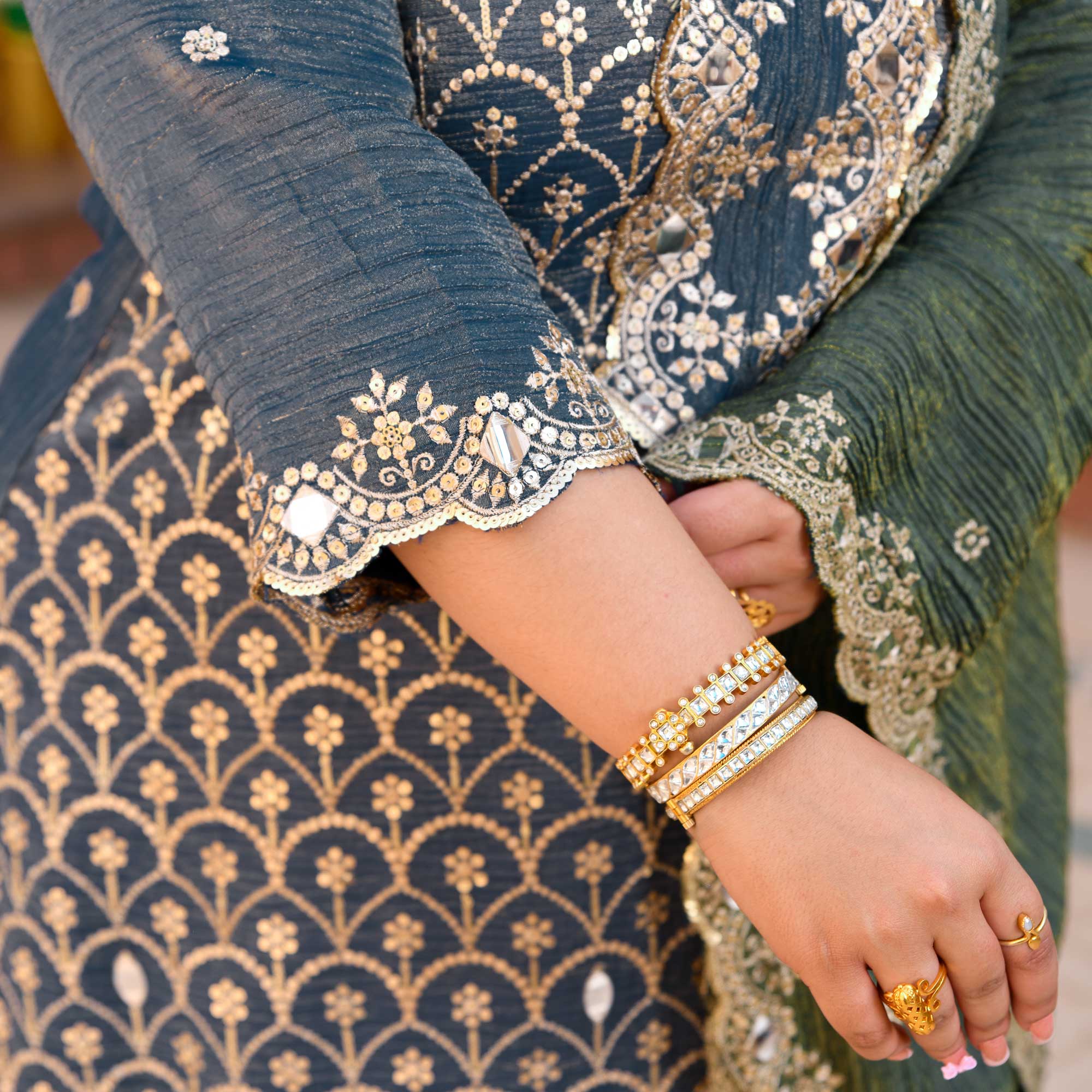 Leela- Slate Grey & Limed Ash Crushed Sequin Embroidered Pure Tissue Silk Skirt Set