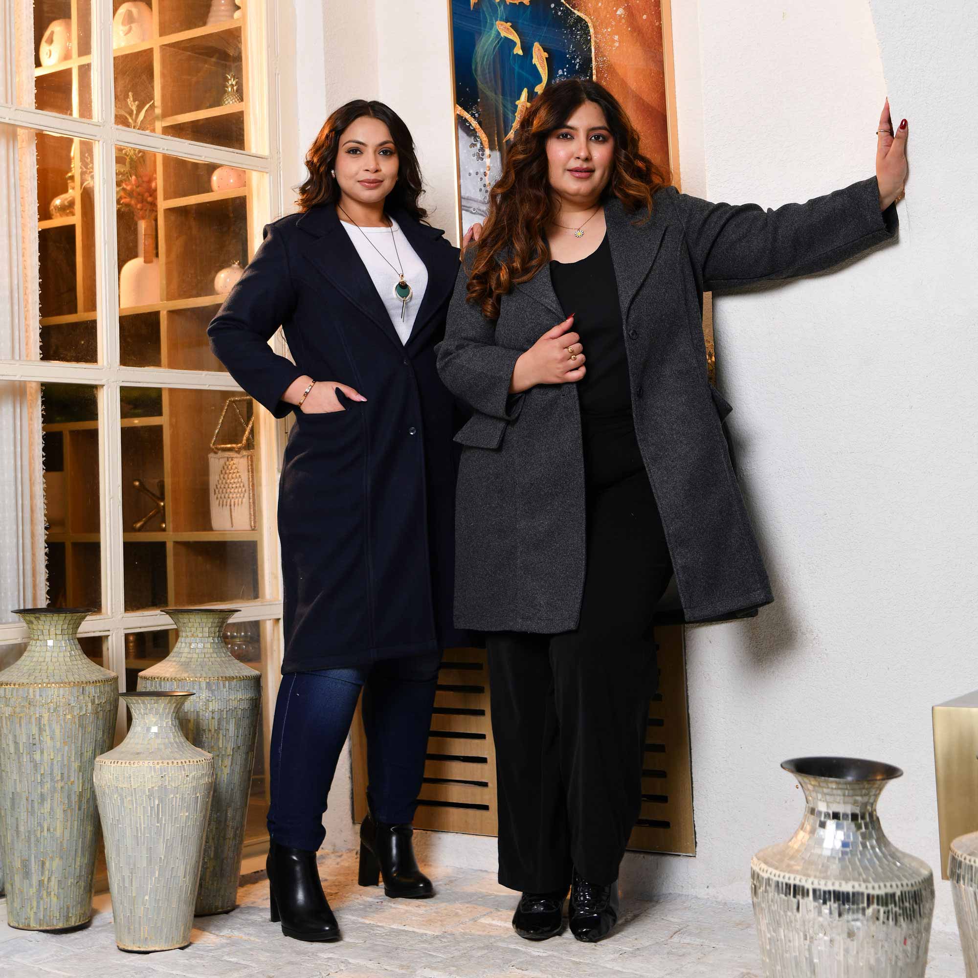 Classic Breeze - Navy Blue Stretchable Woollen Long Coat