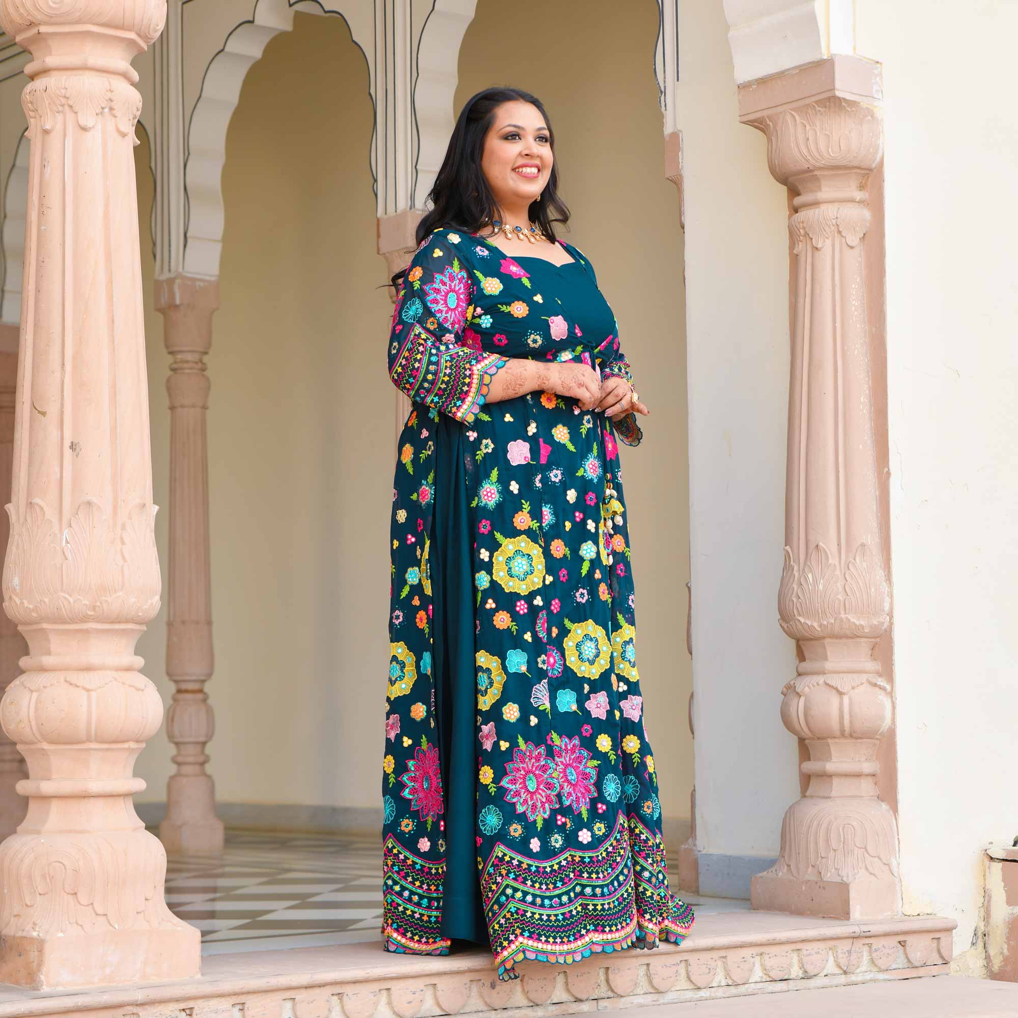 Prussian Blue Floral Embroidered Georgette Cape Set