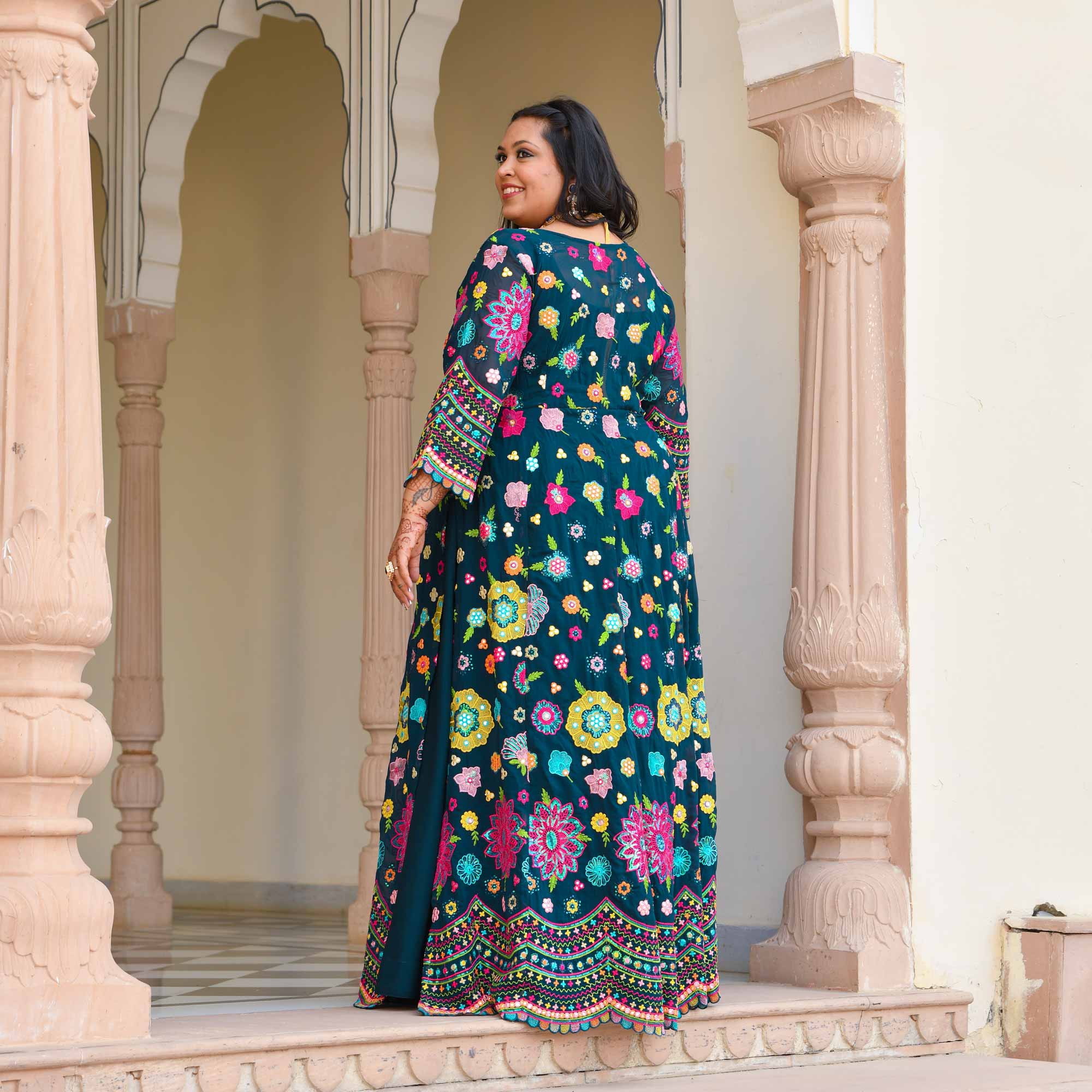 Prussian Blue Floral Embroidered Georgette Cape Set