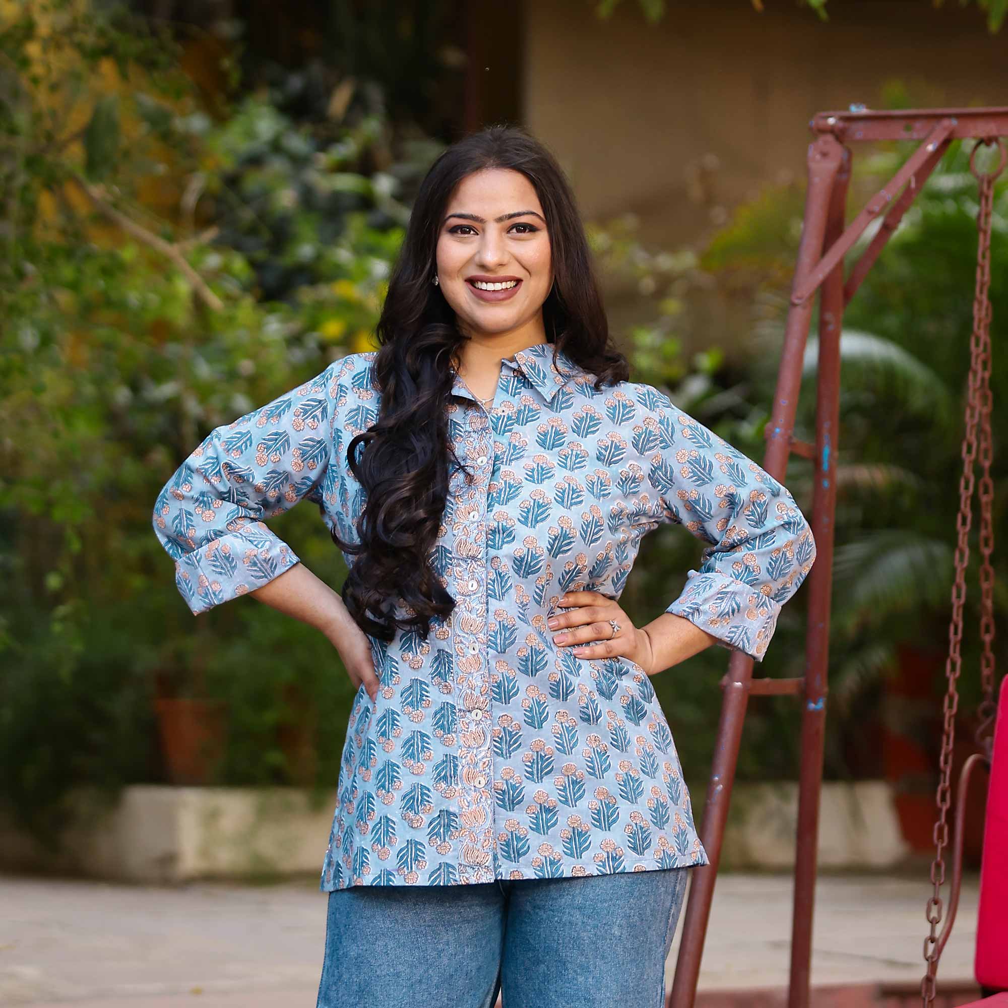 Icy Blue Handblock Printed Cotton Shirt