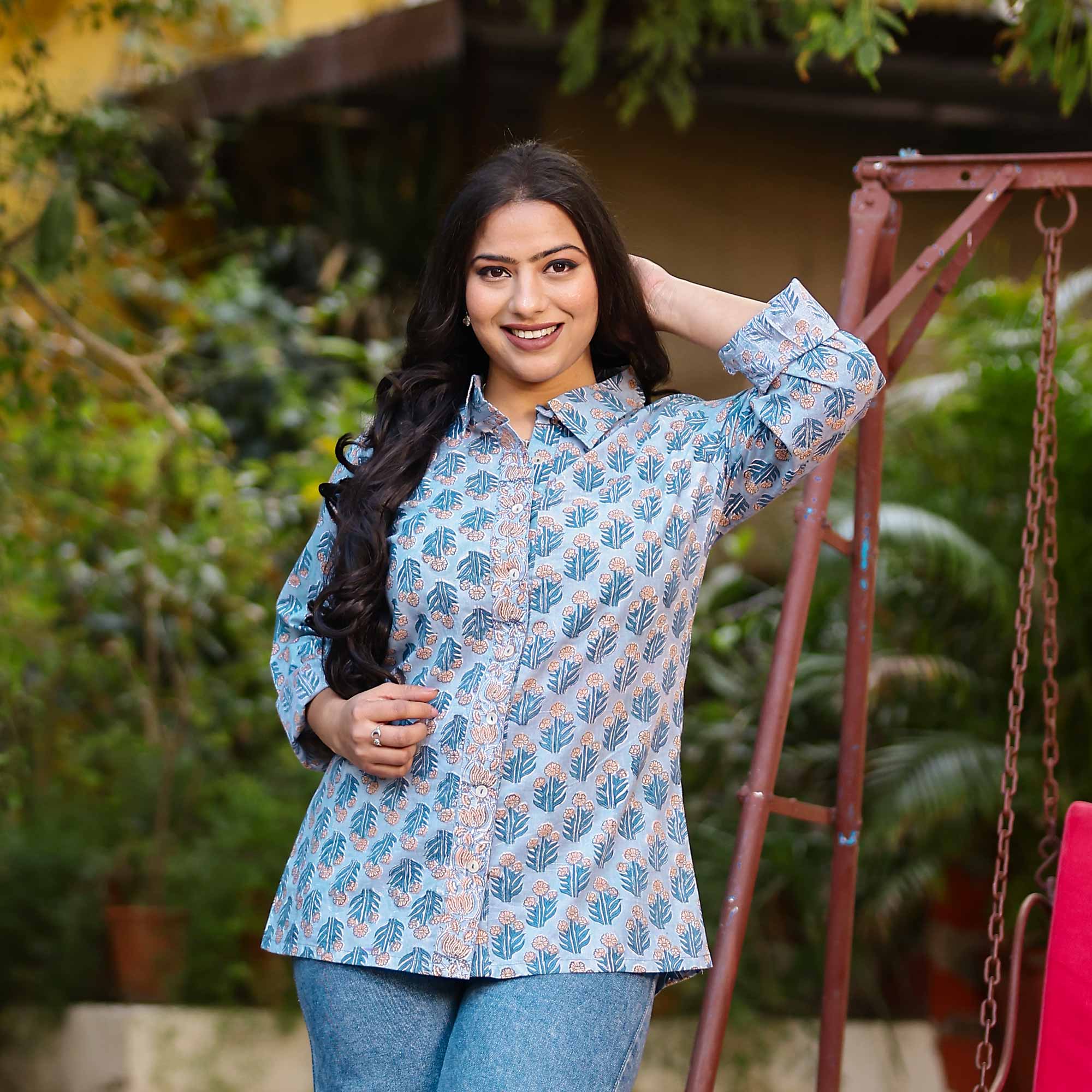 Icy Blue Handblock Printed Cotton Shirt