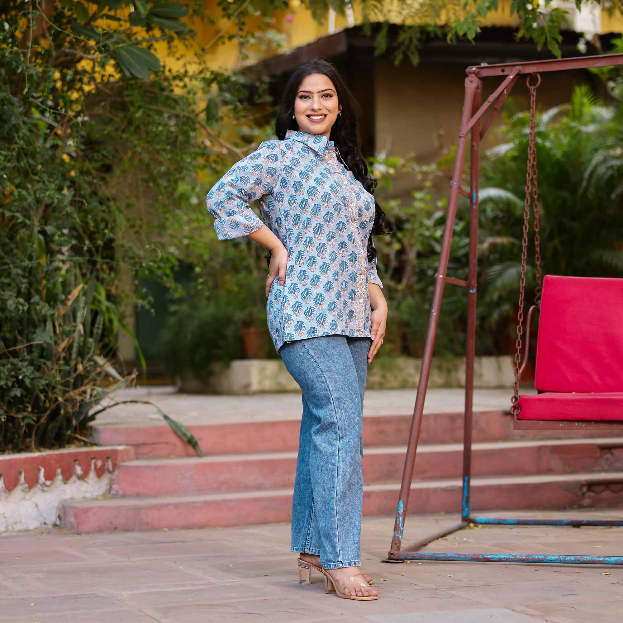 Icy Blue Handblock Printed Cotton Shirt