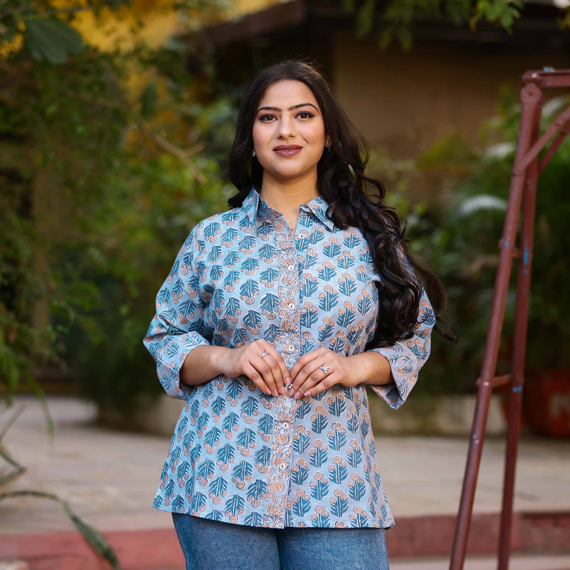 Icy Blue Handblock Printed Cotton Shirt