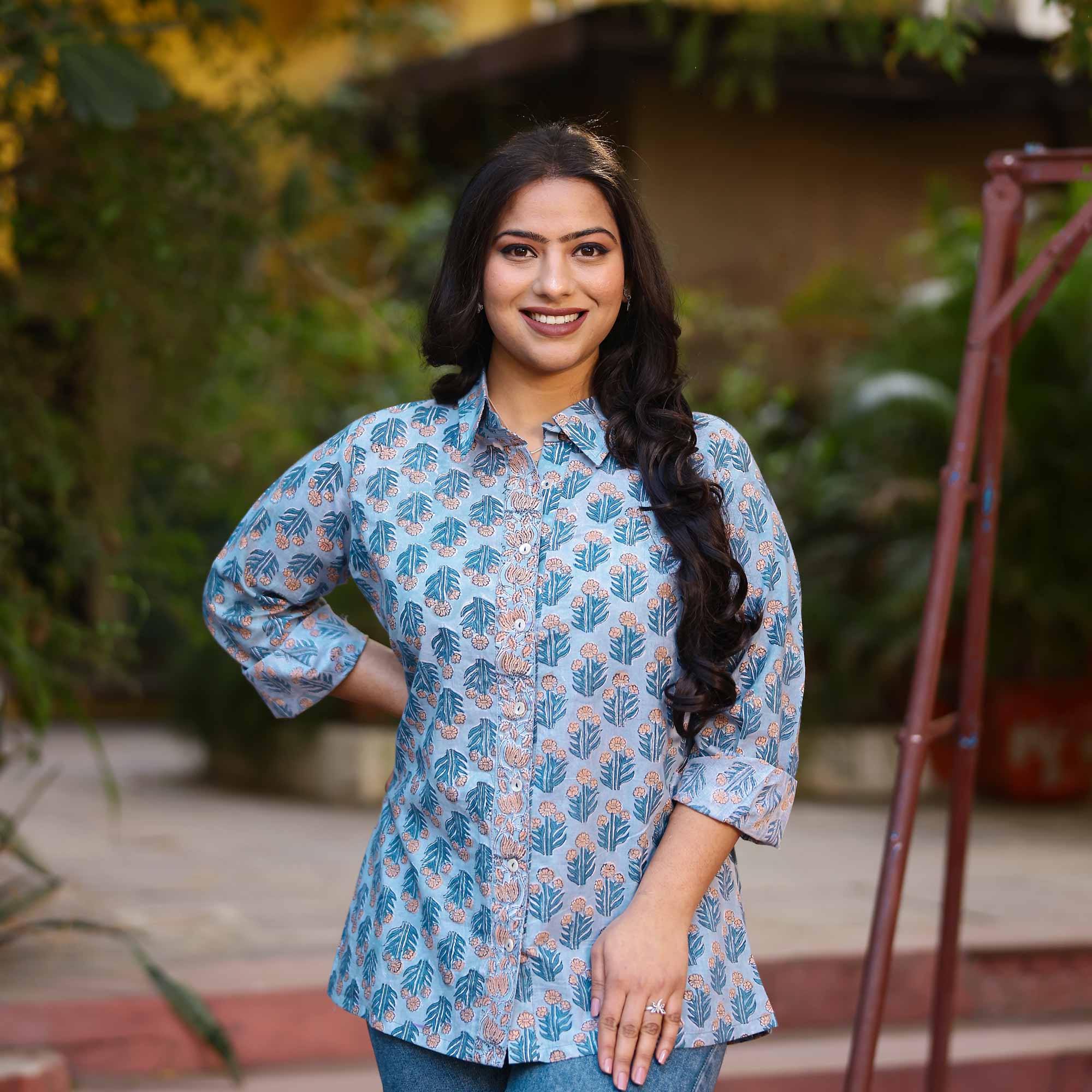 Icy Blue Handblock Printed Cotton Shirt
