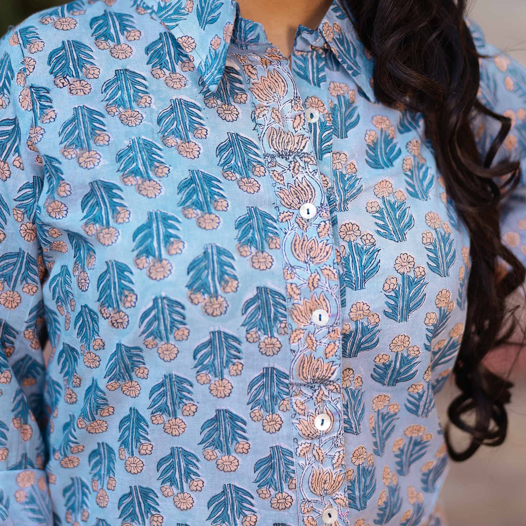 Icy Blue Handblock Printed Cotton Shirt