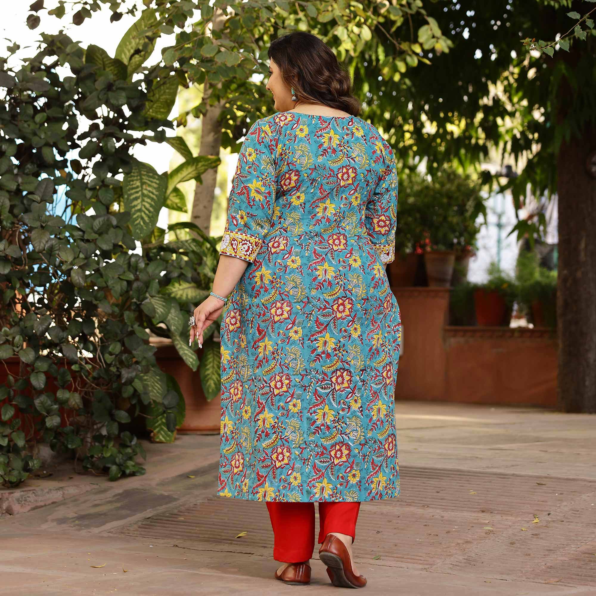 Azure & Lemon Handblock Printed Floral Cotton Kurta