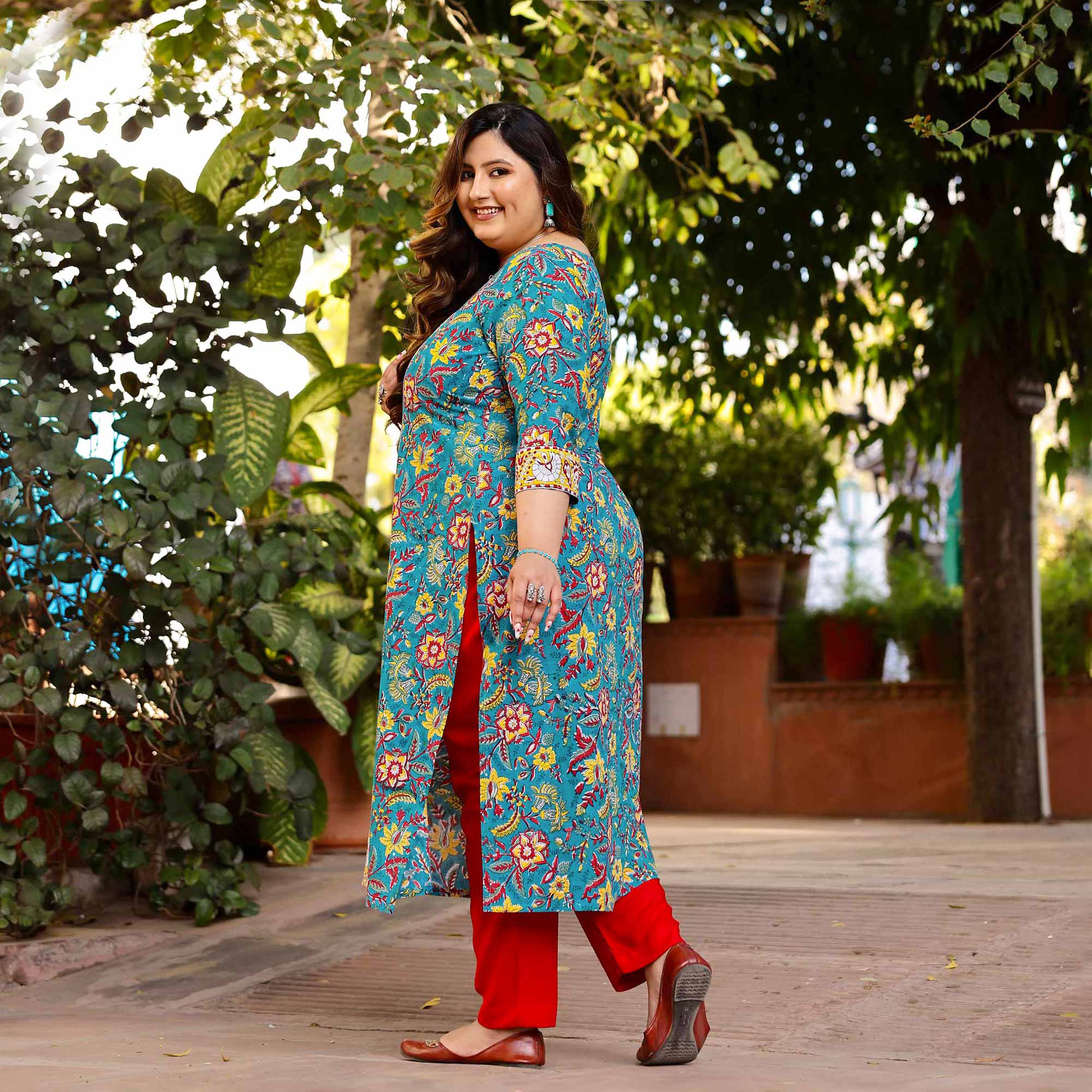 Azure & Lemon Handblock Printed Floral Cotton Kurta