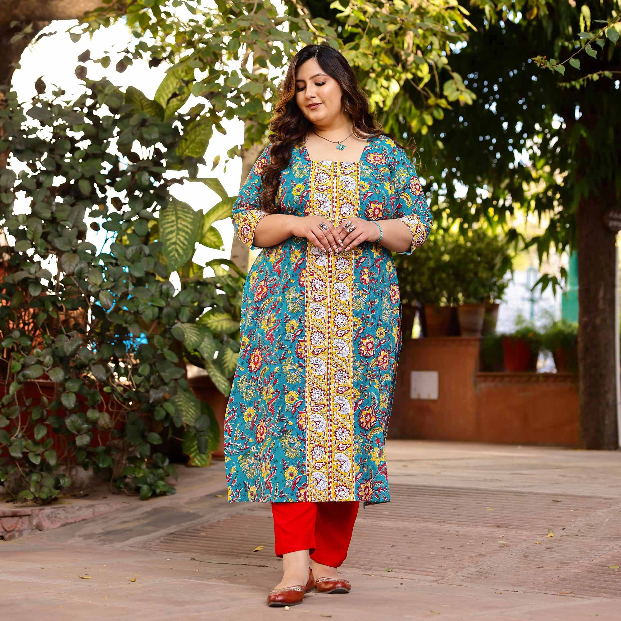 Azure & Lemon Handblock Printed Floral Cotton Kurta