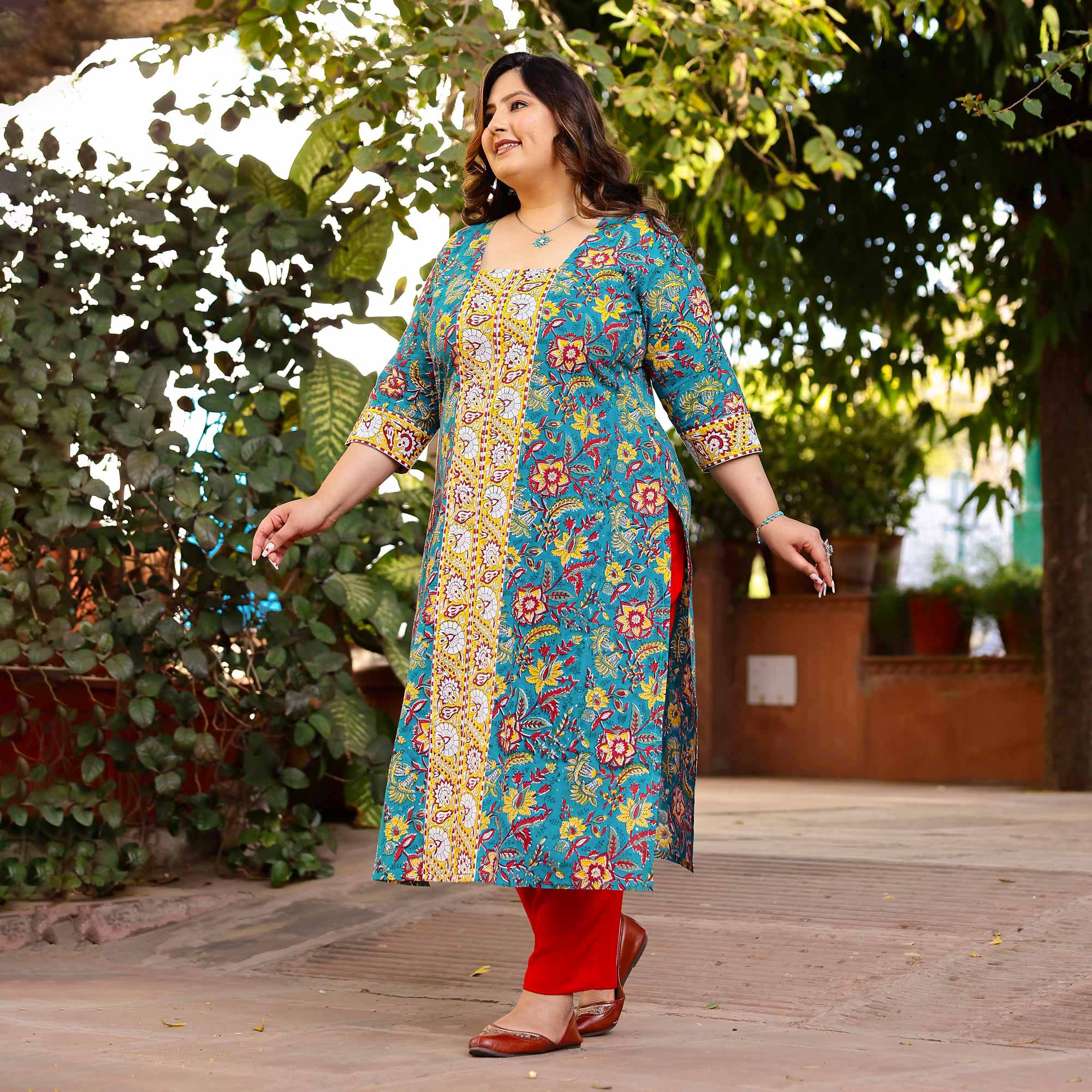 Azure & Lemon Handblock Printed Floral Cotton Kurta